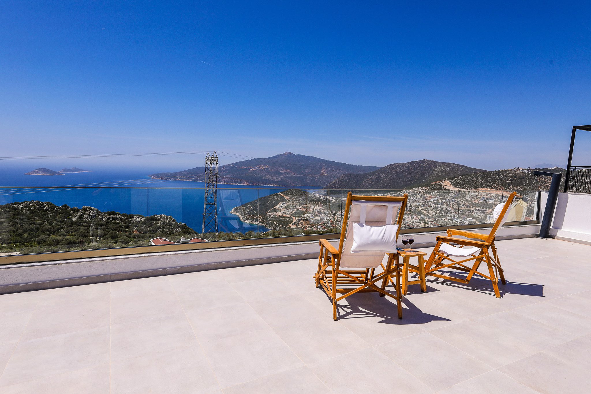 Balcony seating area and view from Villa Rosso, villa holidays in Kalkan, Turkey