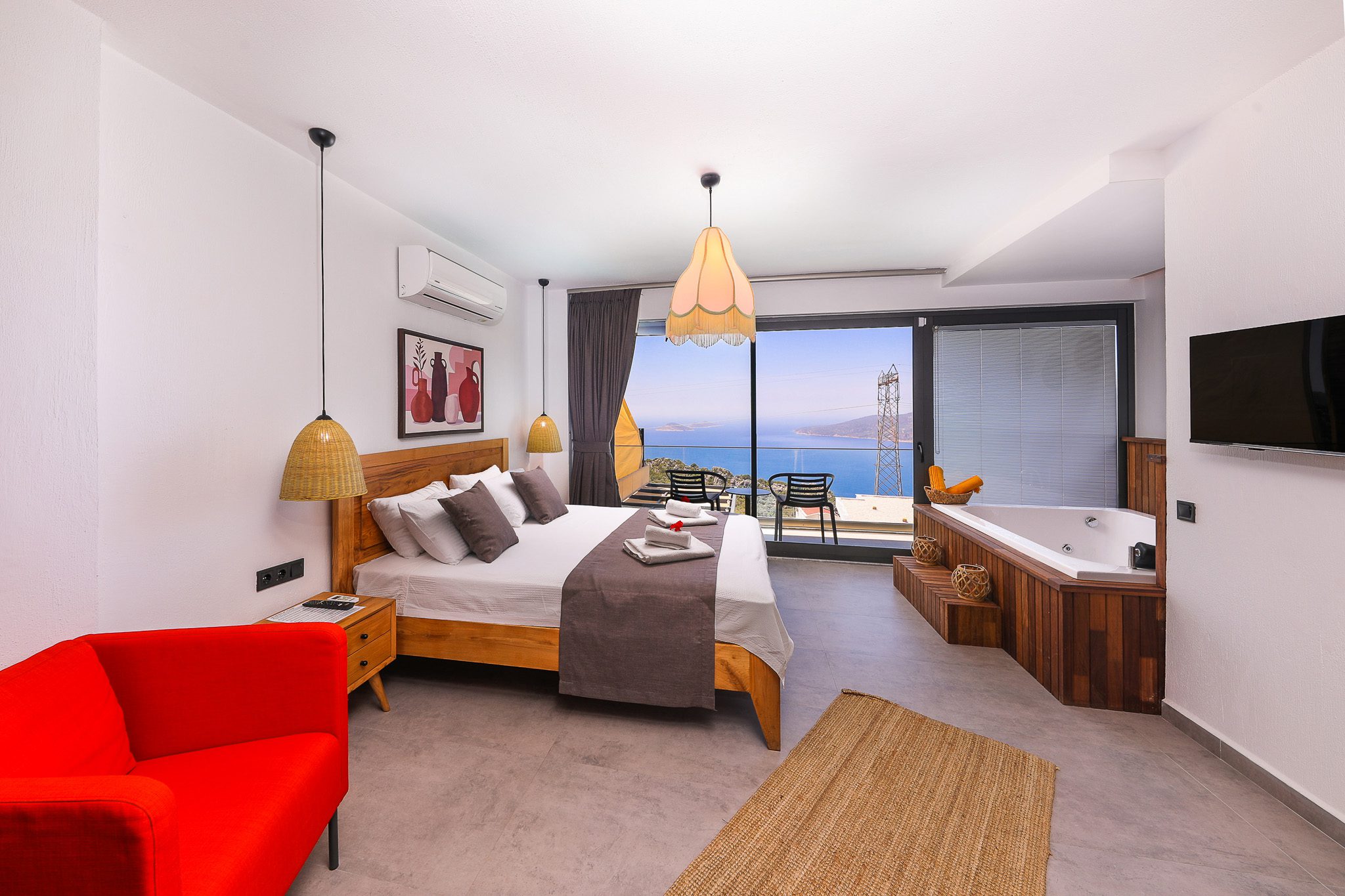 Double bedroom with balcony and hot tub in Villa Rosso, villa holidays in Kalkan, Turkey