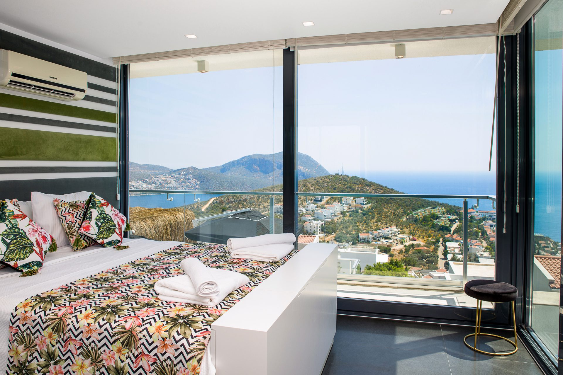 Double bedroom and balcony of Villa Manila, luxury villa holiday in Kalkan, Turkey