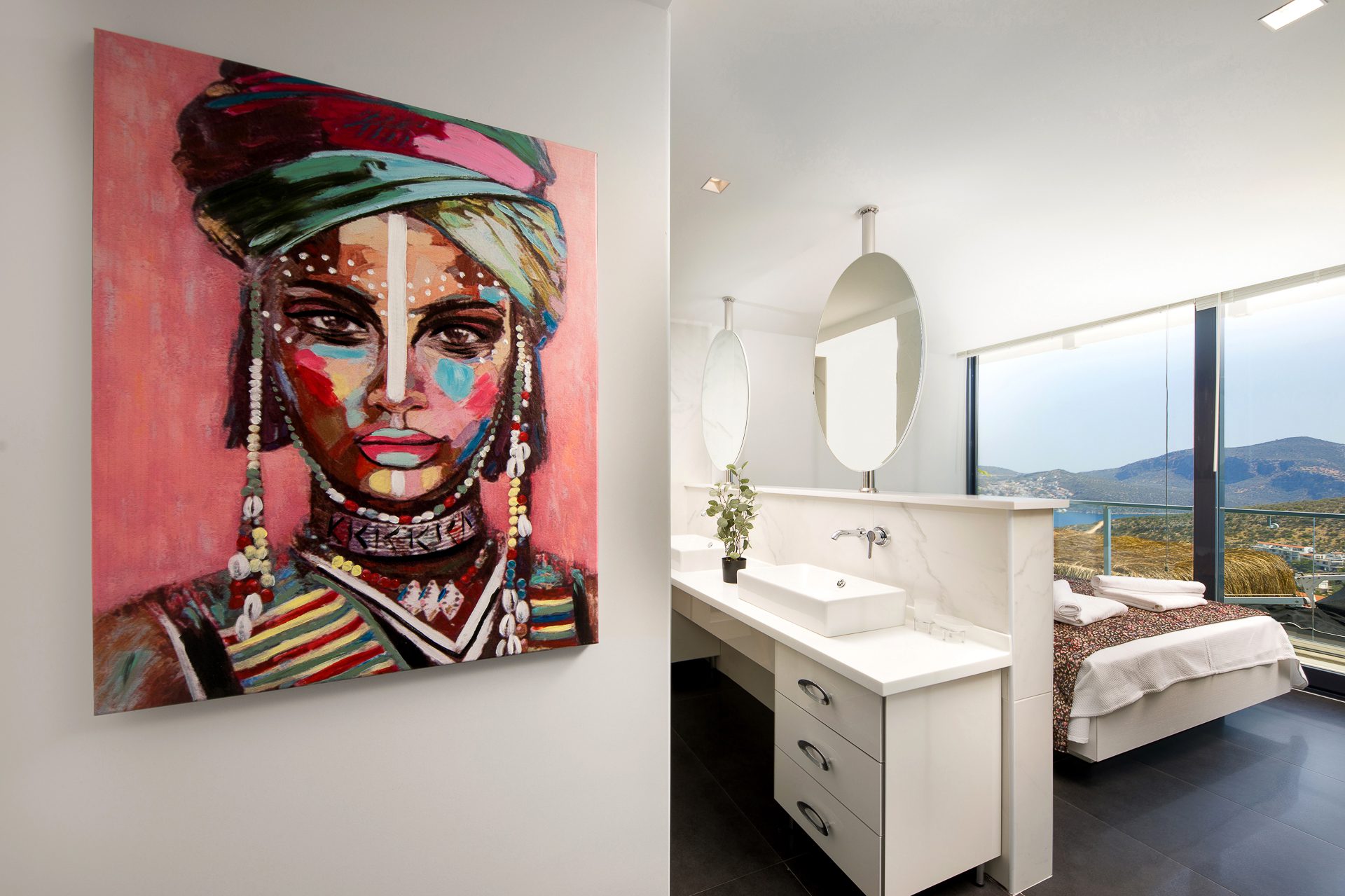 Double bedroom and bathroom of Villa Manila, luxury villa holiday in Kalkan, Turkey