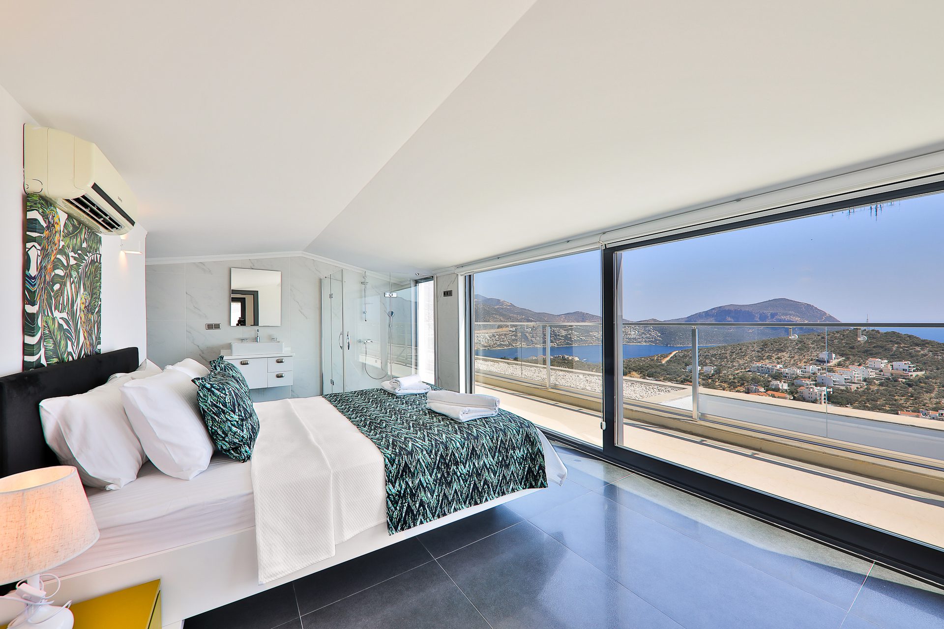 Double bedroom and bathroom of Villa Manila, luxury villa holiday in Kalkan, Turkey