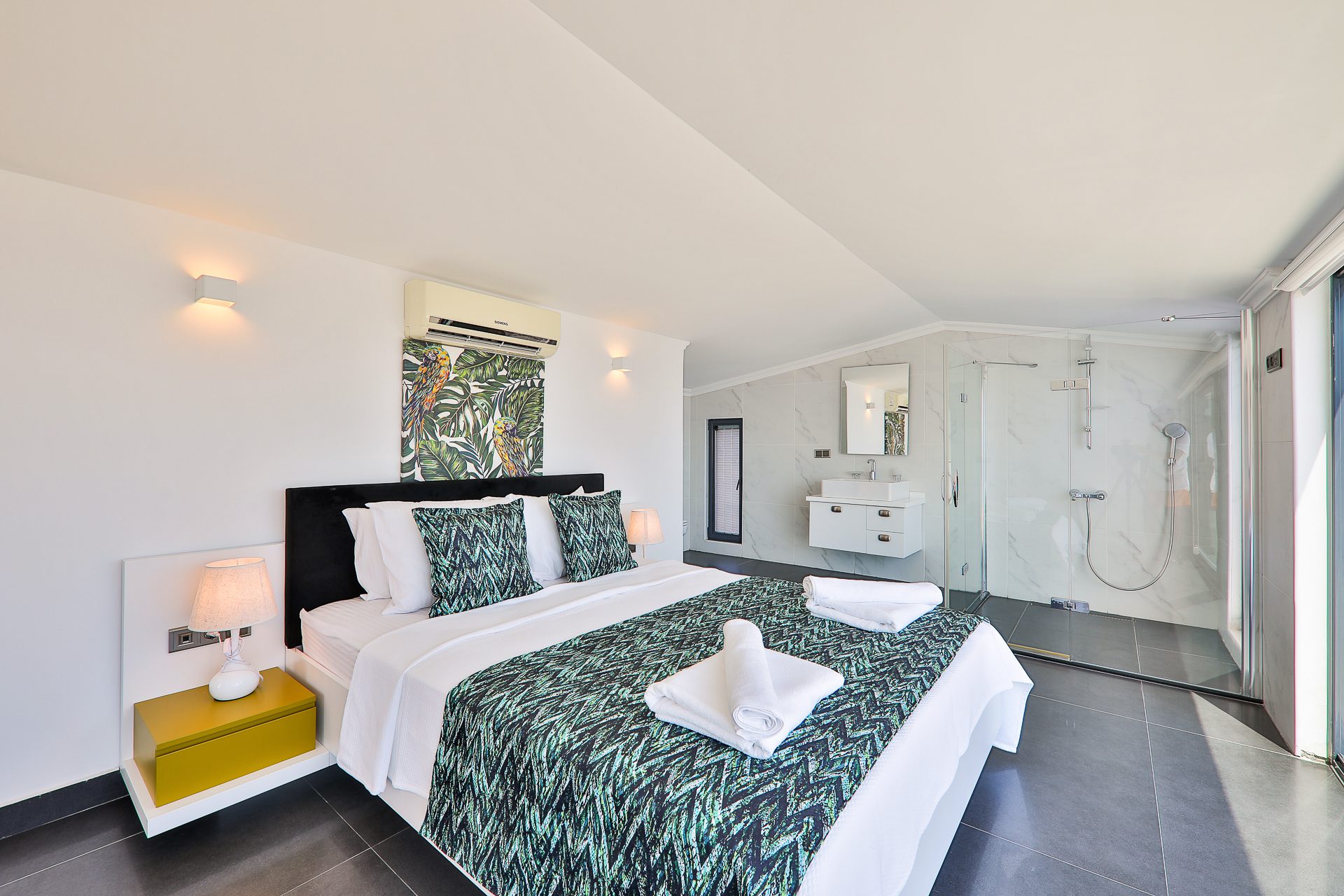 Double bedroom and shower in Villa Manila, luxury villa holiday in Kalkan, Turkey