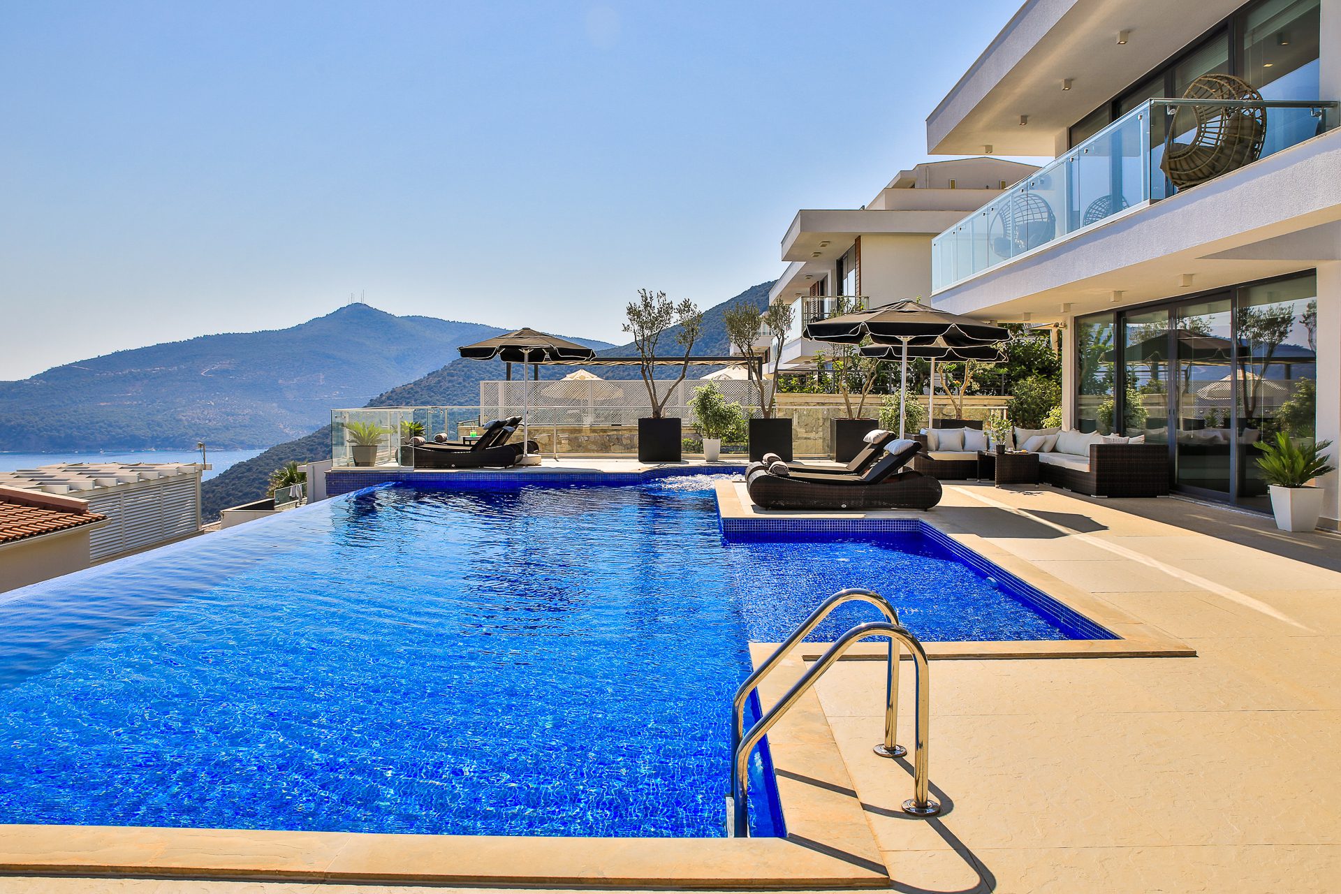 Pool and sun loungers of Villa Manila, luxury villa holiday in Kalkan, Turkey