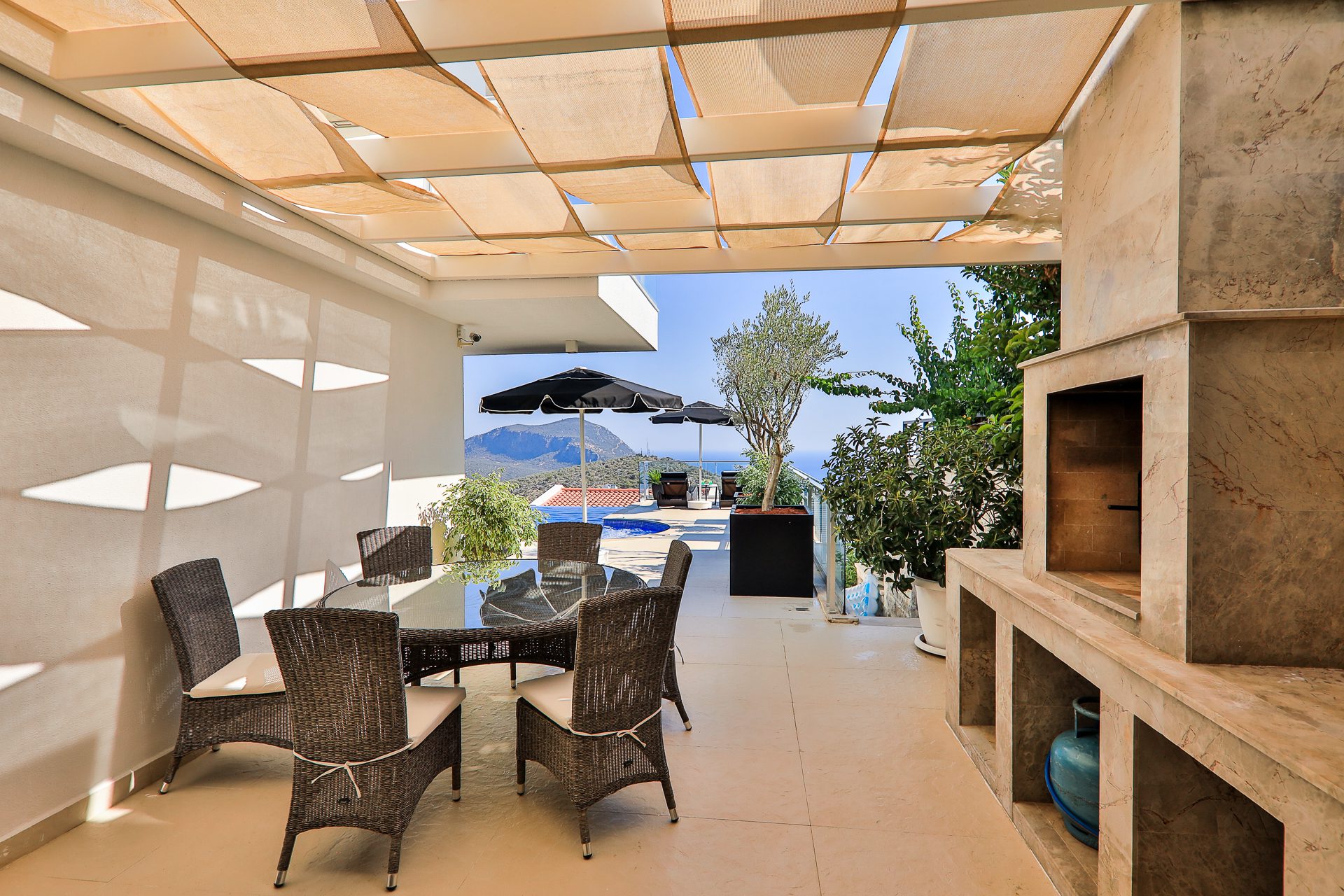 Sheltered outdoor seating area of Villa Manila, luxury villa holiday in Kalkan, Turkey