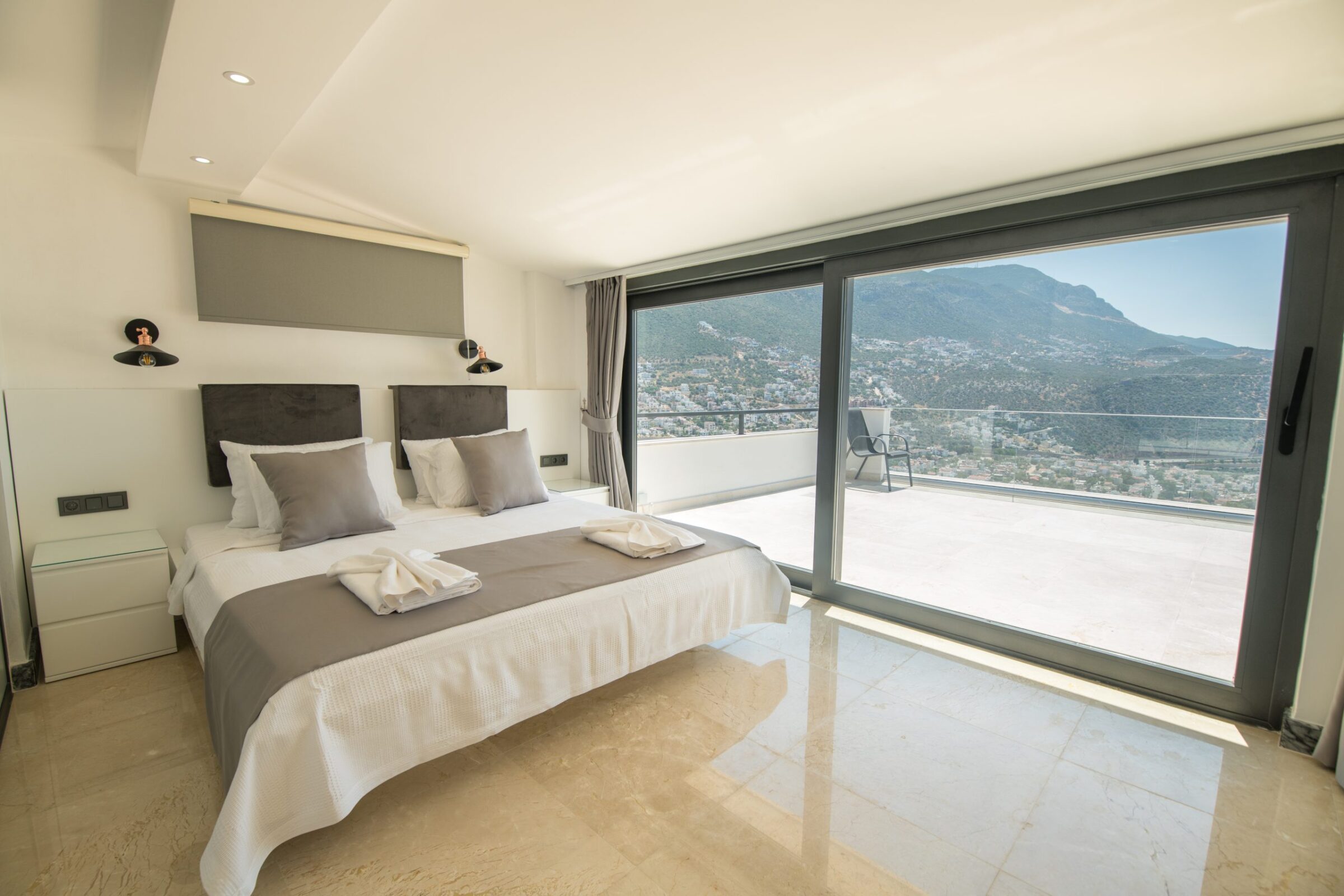 Double bedroom and balcony entrance in Villa Unlimited 2, villa holidays in Kalkan, Turkey