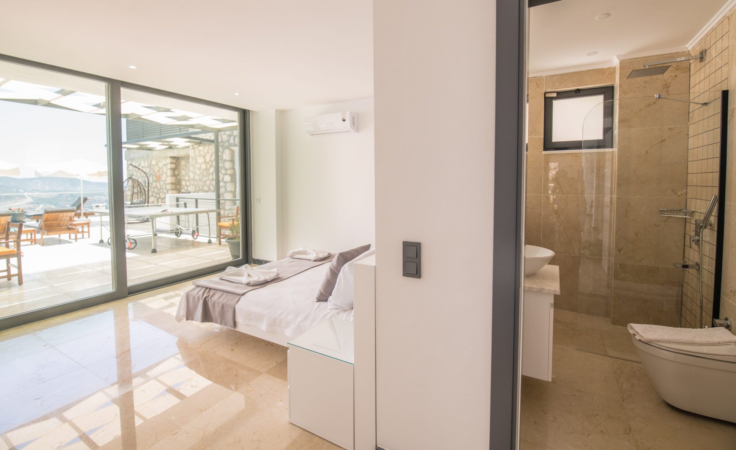 Double bedroom and bathroom in Villa Unlimited 2, villa holidays in Kalkan, Turkey