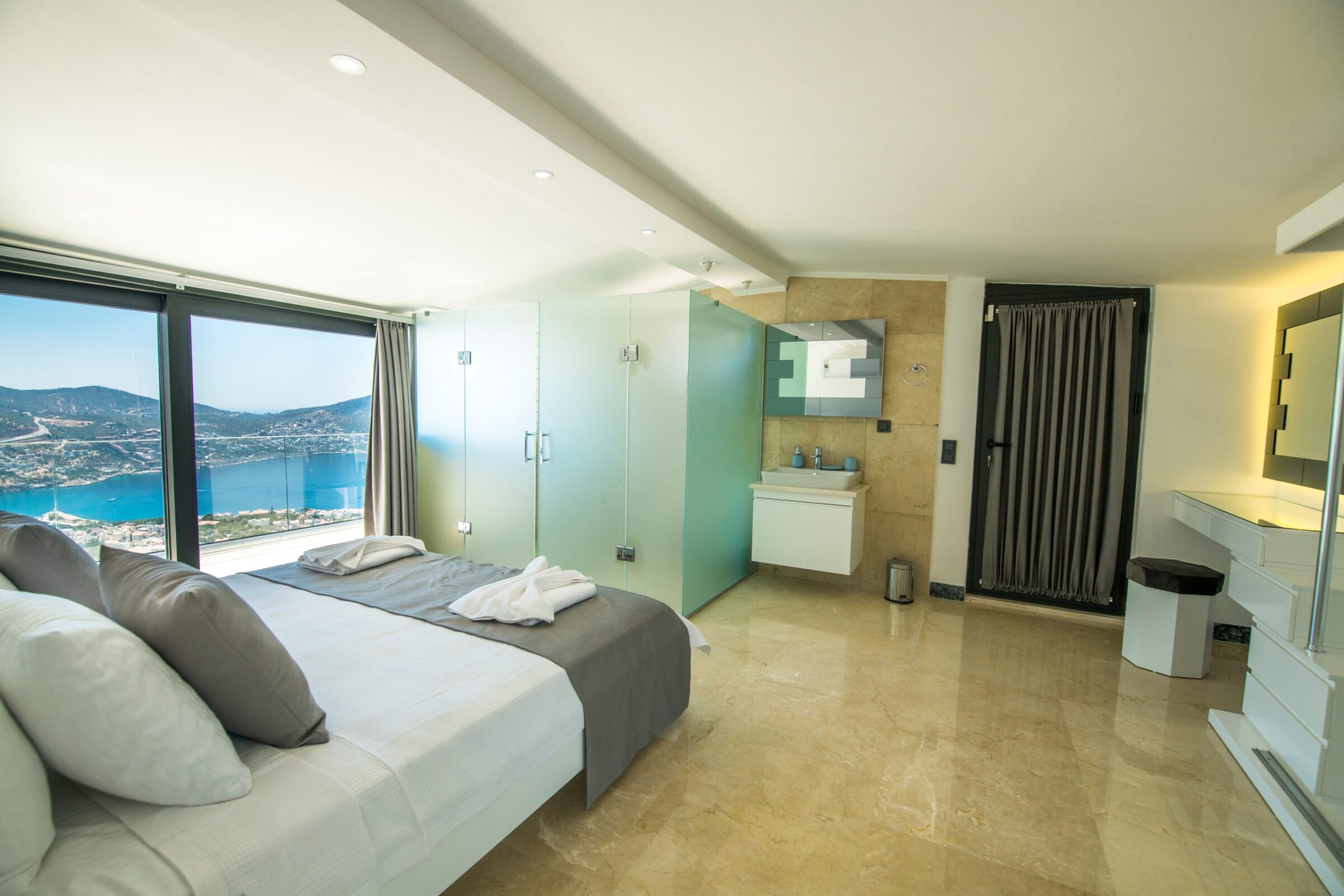 Double room and bathroom with balcony entrance in Villa Unlimited 2, villa holidays in Kalkan, Turkey