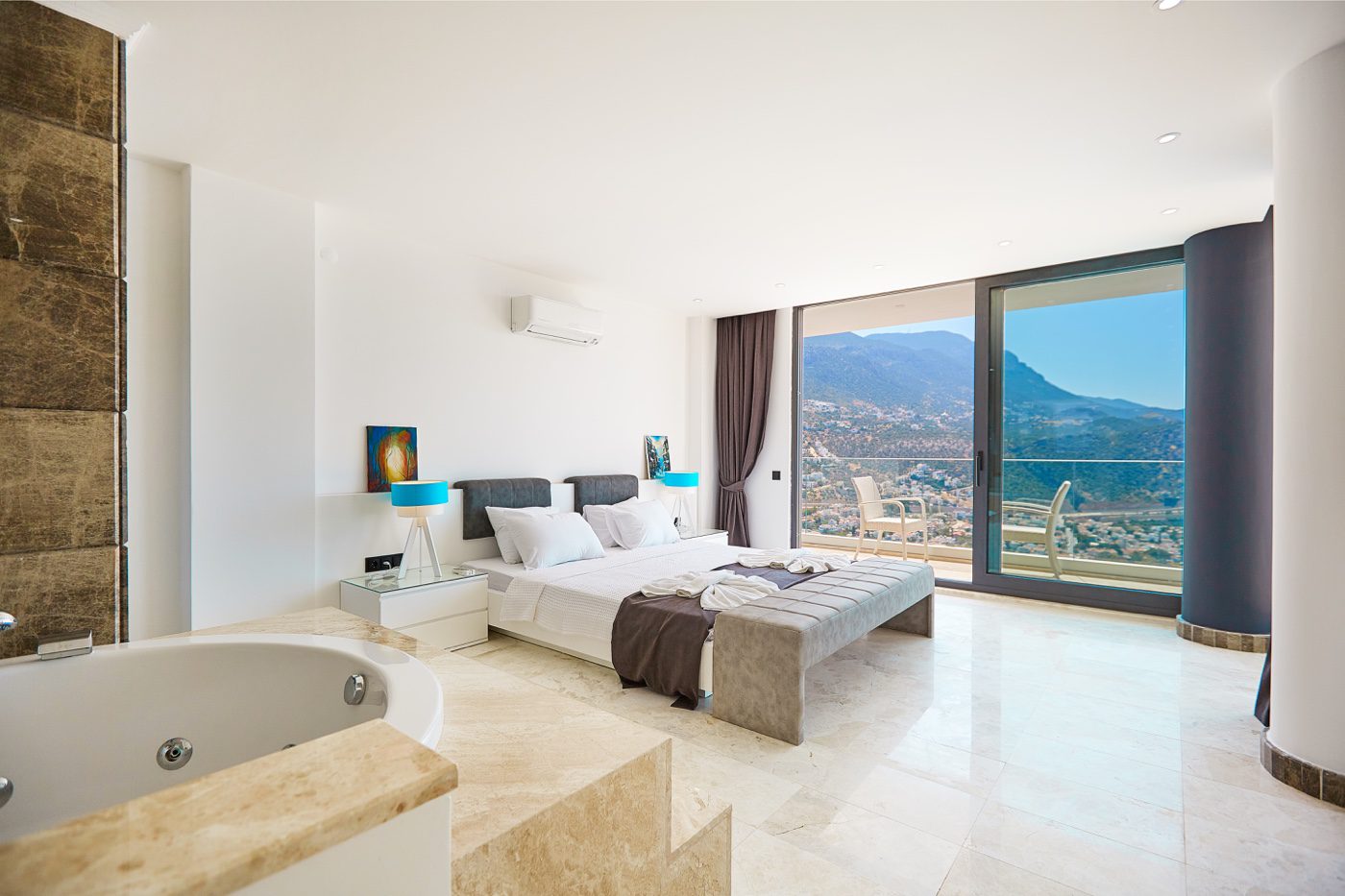 Double bedroom, bathroom and balcony entrance in Villa Unlimited 1, villa holidays in Kalkan, Turkey