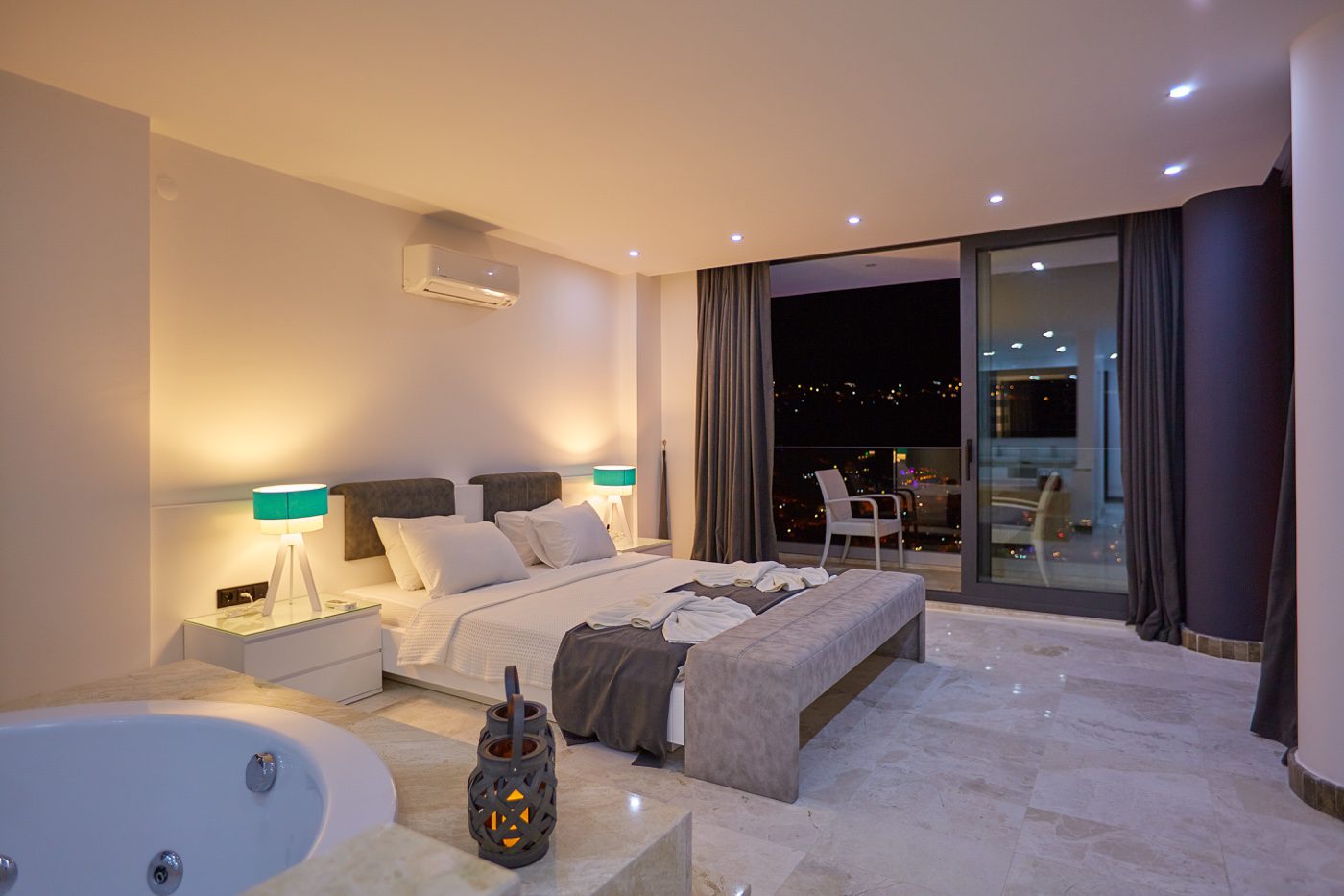 Double bedroom and hot tub with balcony entrance in Villa Unlimited 1, villa holidays in Kalkan, Turkey