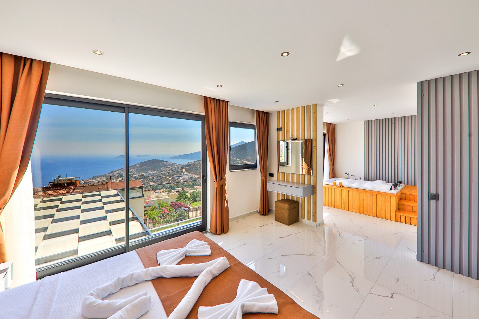 double room and hot tub with balcony entrance in Villa Bliss, villa holiday in Kalkan, Turkey