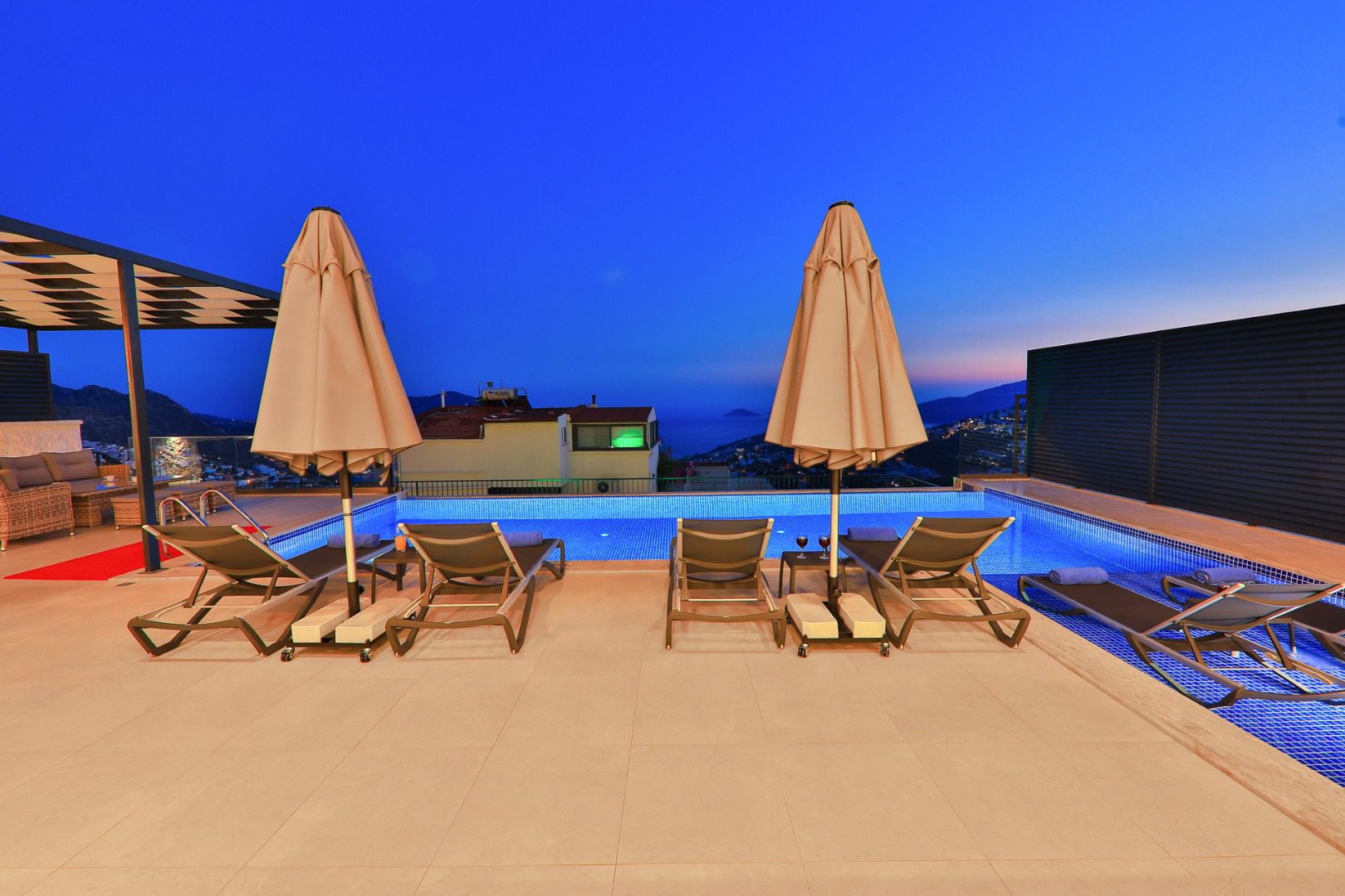 Pool and sun loungers in Villa Bliss, villa holiday in Kalkan, Turkey