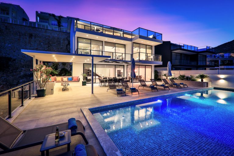 The outdoor pool at night in Villa Imperial, villa holiday in Kalkan, Turkey
