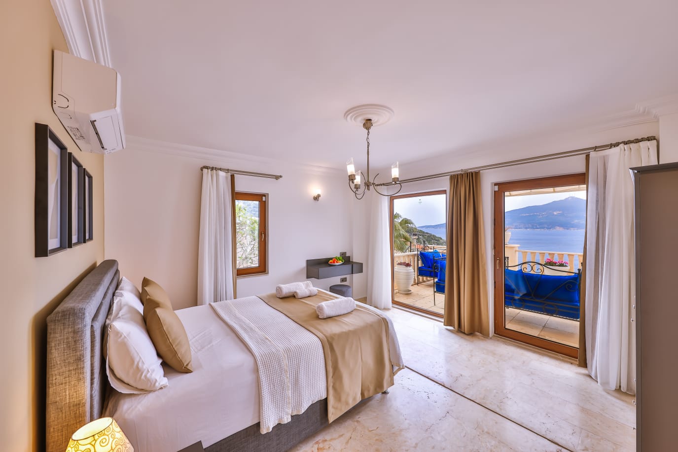 Double bedroom with balcony access in Villa Palmiye, villa holidays in Kalkan, Turkey