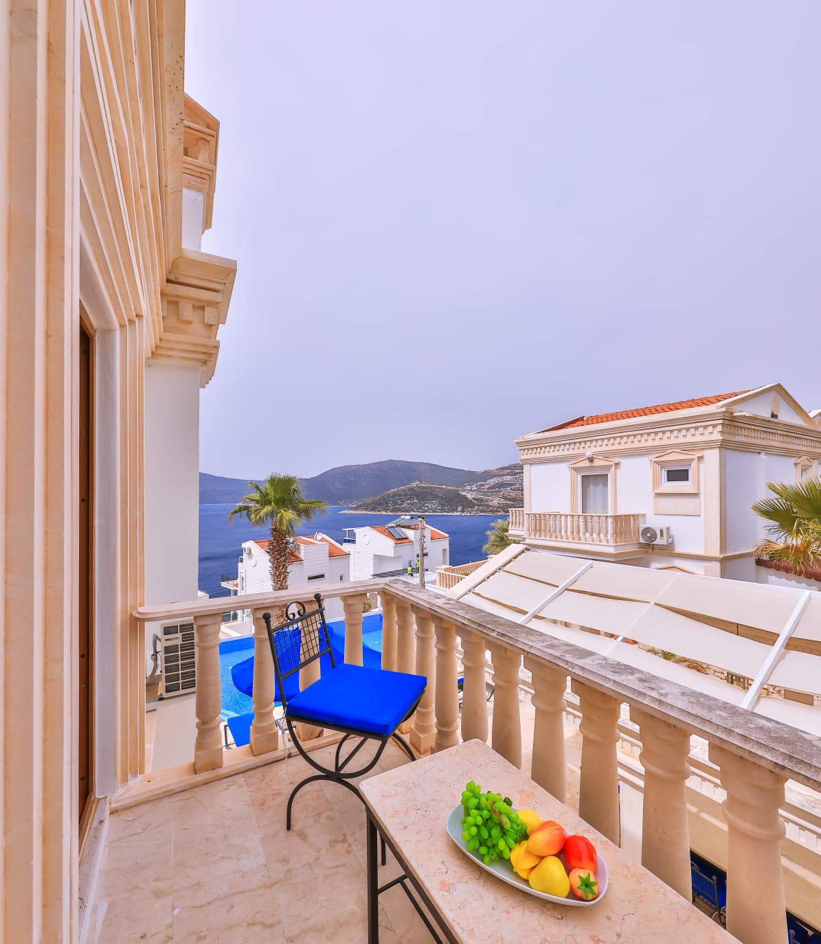 Balcony seating in Villa Palmiye, villa holidays in Kalkan, Turkey