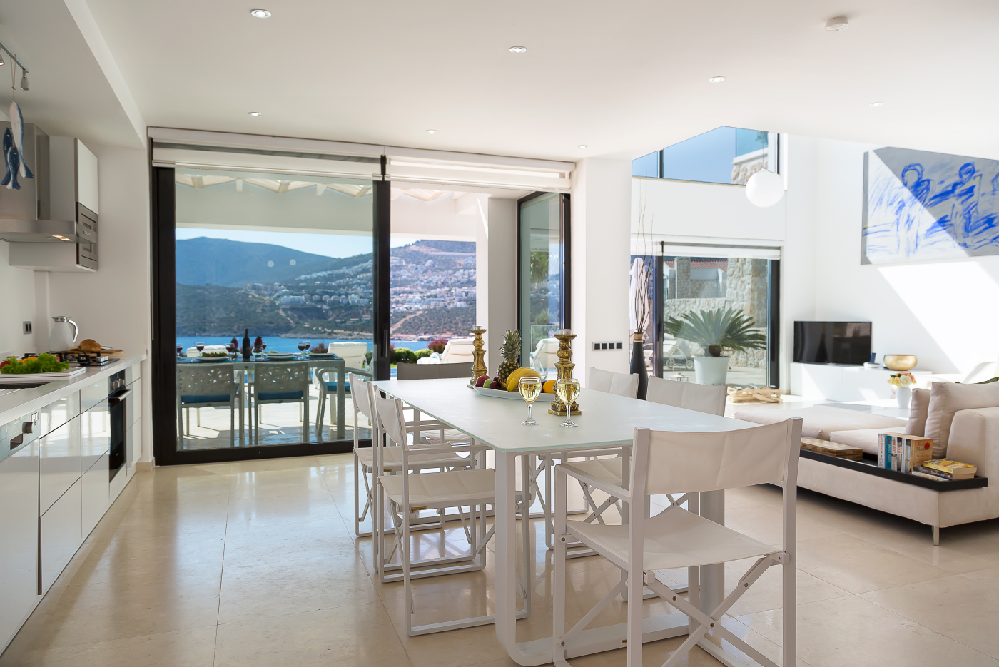 Kitchen and lounge in Villa Setara, villa holidays in Kalkan, Turkey
