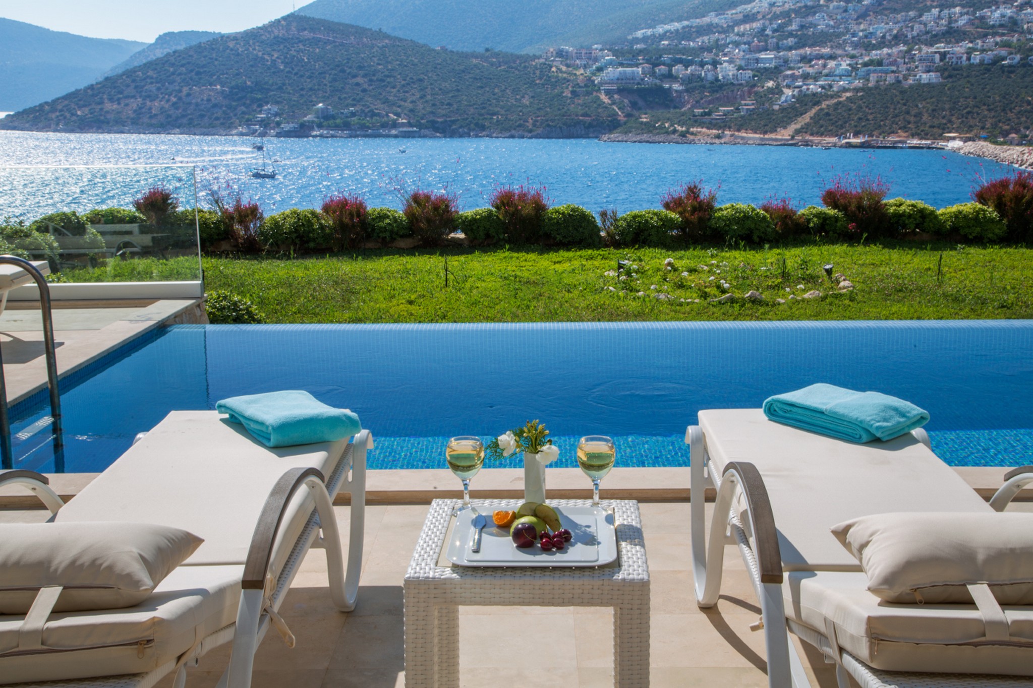 Outdoor pool and sun loungers at Villa Setara, villa holidays in Kalkan, Turkey