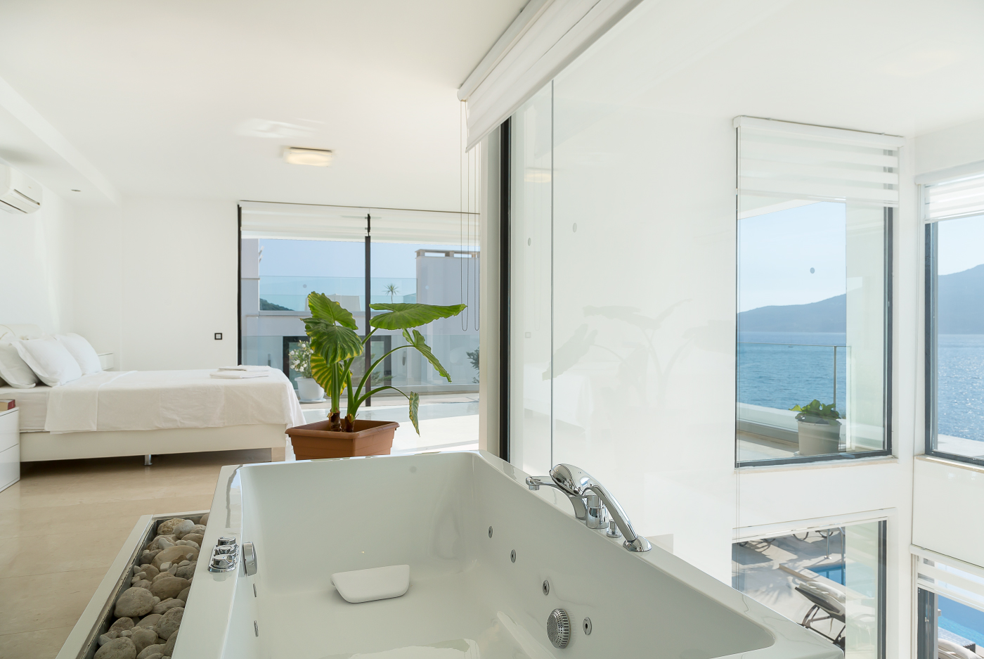 Double bedroom and bathroom in Villa Afsana, villa holidays in Kalkan, Turkey