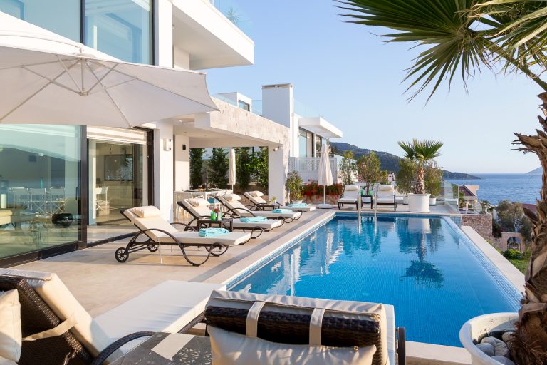Outdoor pool and sun loungers in Villa Afsana, villa holidays in Kalkan, Turkey