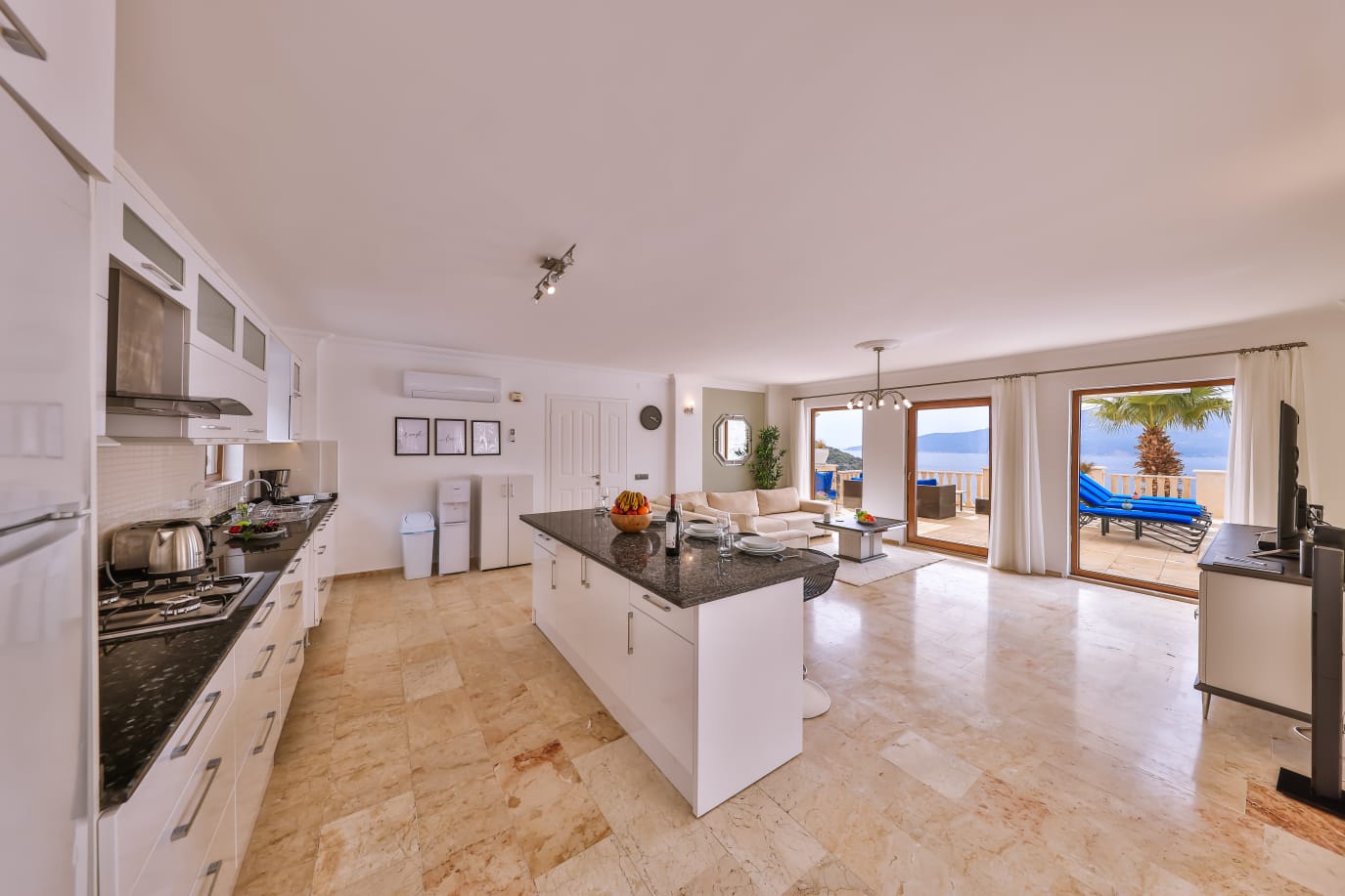 Spacious kitchen and lounge in Villa Palmiye, villa holidays in Kalkan, Turkey