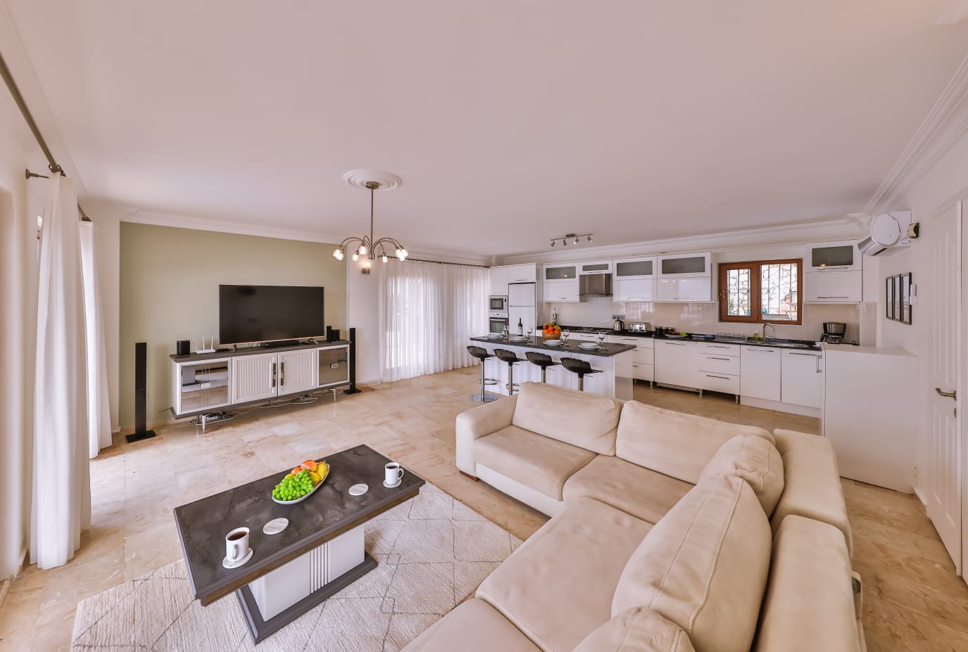 Kitchen and lounge in Villa Palmiye, villa holidays in Kalkan, Turkey