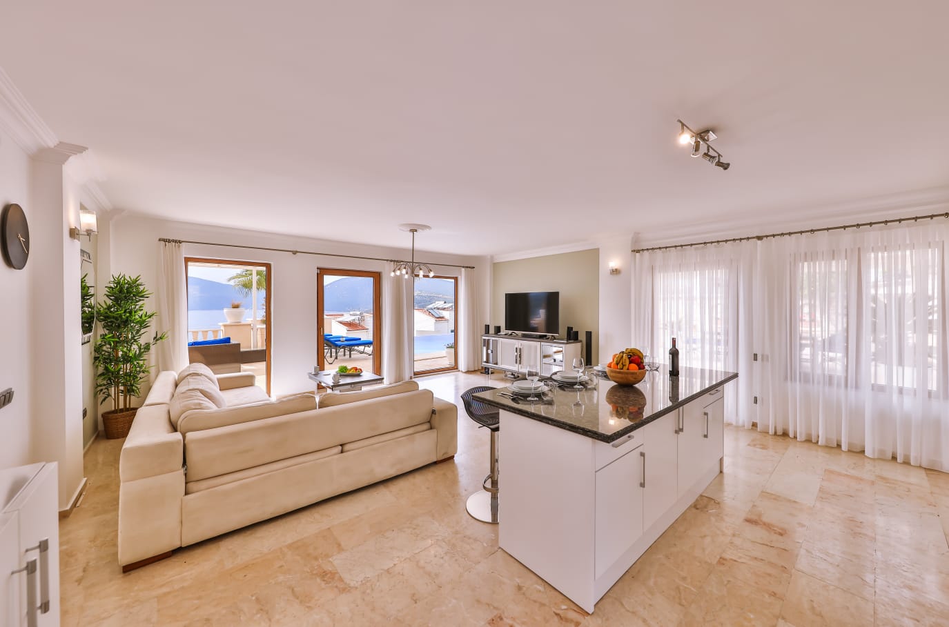 Kitchen and lounge in Villa Palmiye, villa holidays in Kalkan, Turkey