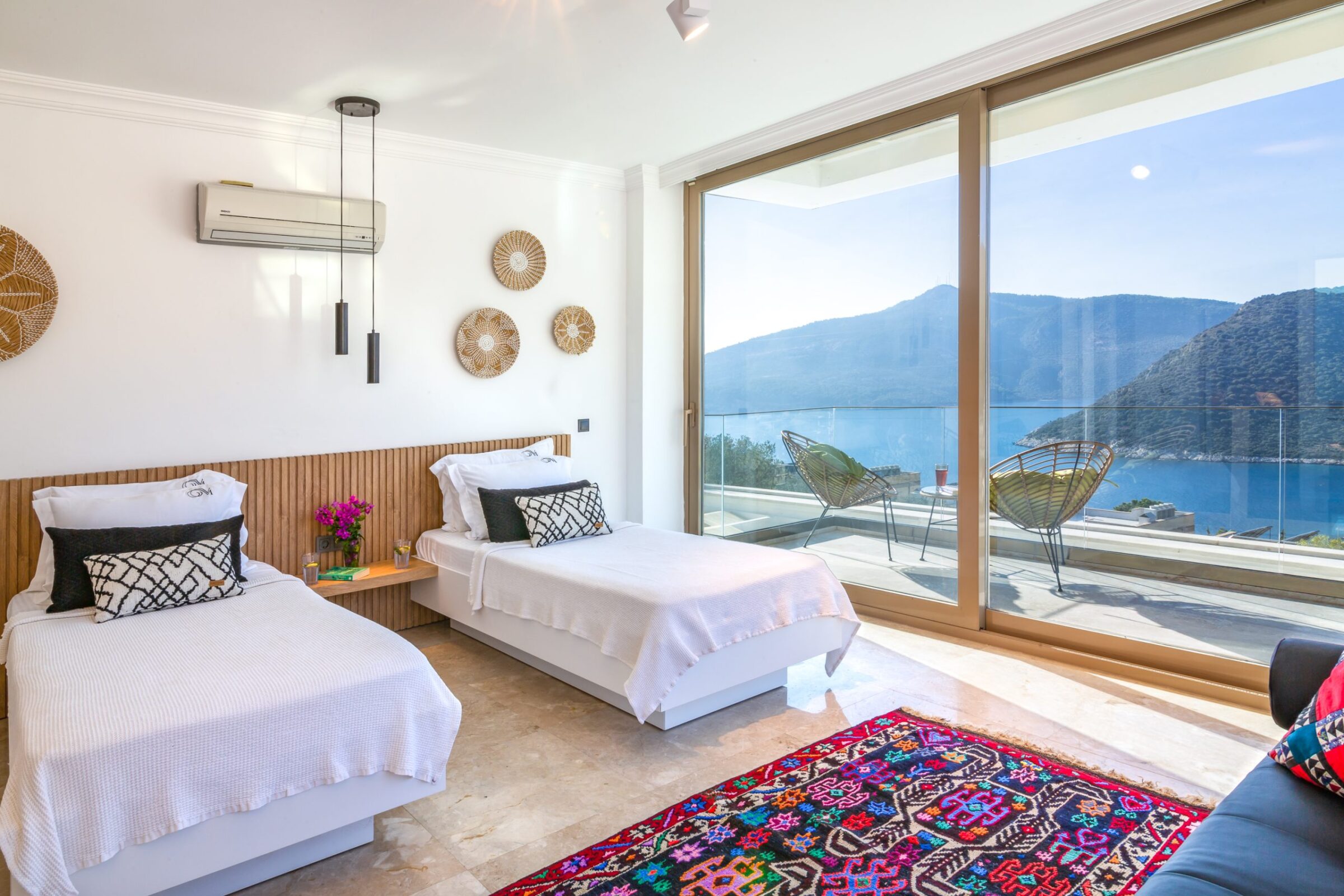 Twin room and balcony in Villa Moonshine, villa holiday in Kalkan, Turkey