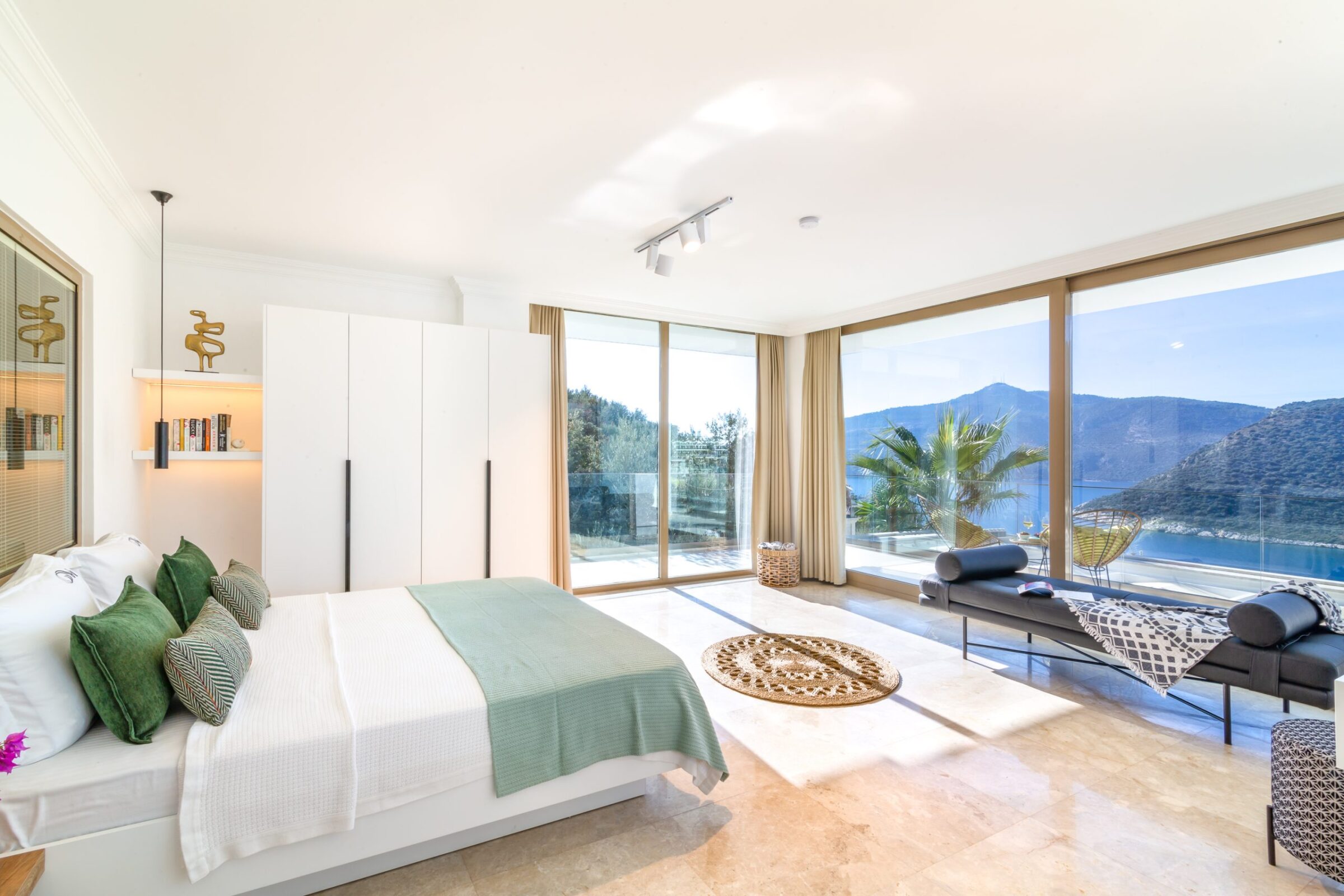 Luxurious double bedroom and bathroom with balcony in Villa Moonshine, villa holiday in Kalkan, Turkey