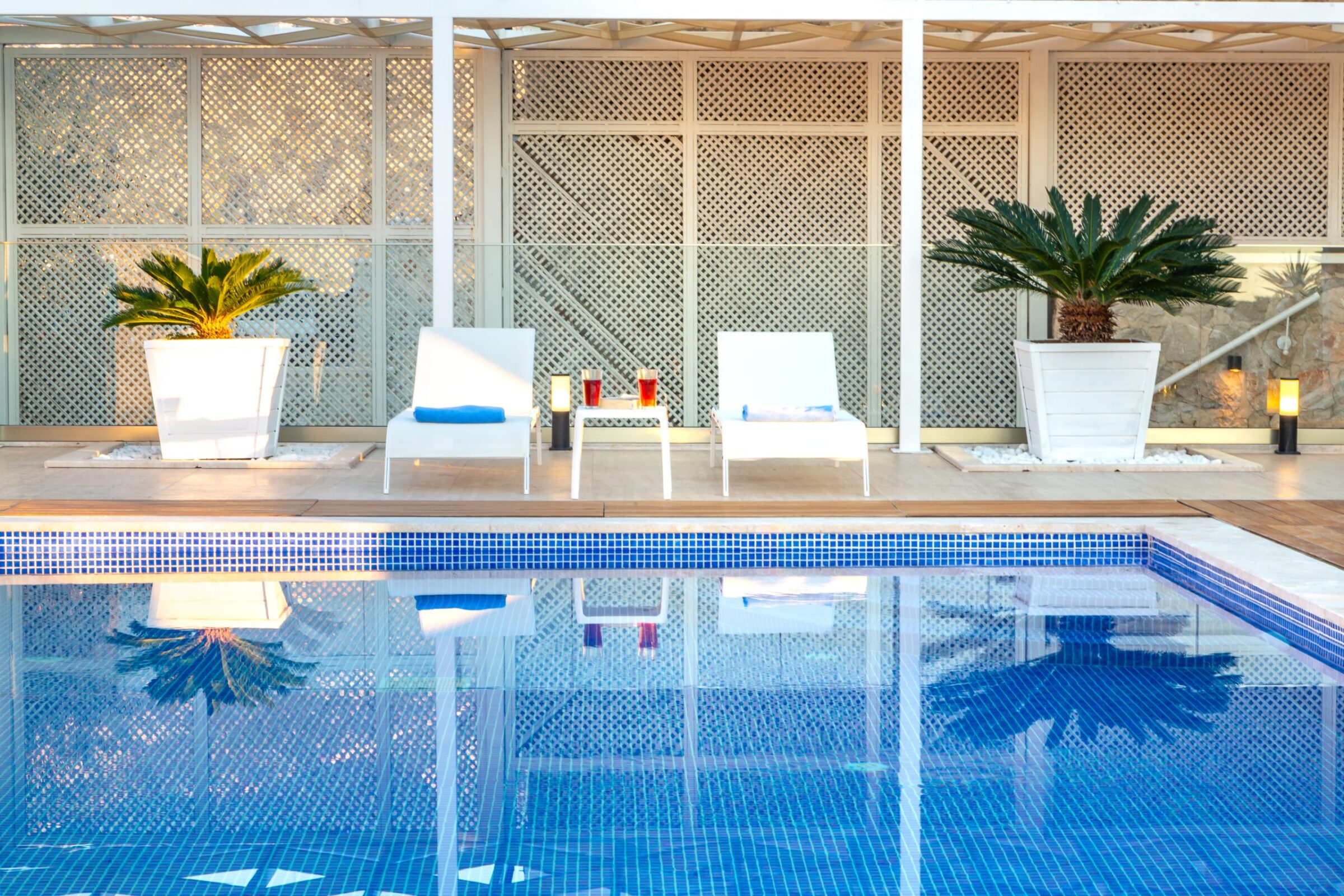 Outdoor pool and sun loungers at Villa Moonshine, villa holiday in Kalkan, Turkey