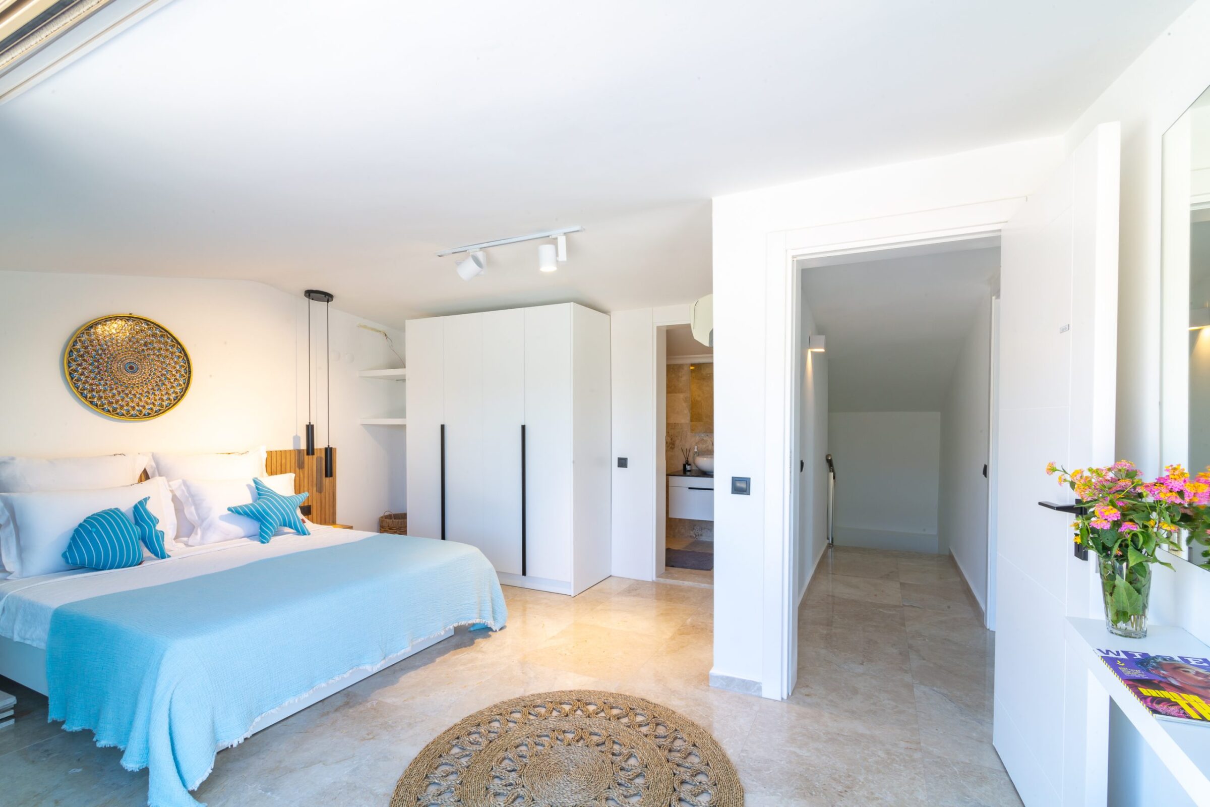 Double bedroom and bathroom in Villa Moonshine, villa holiday in Kalkan, Turkey