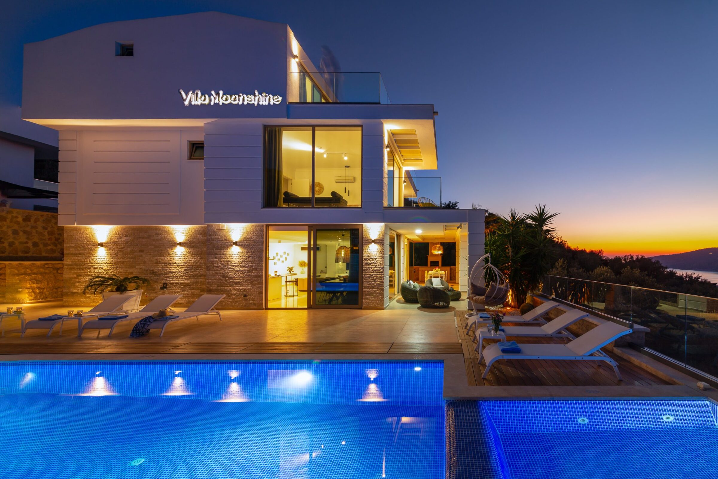 Outdoor pool and sun loungers at Villa Moonshine, villa holiday in Kalkan, Turkey