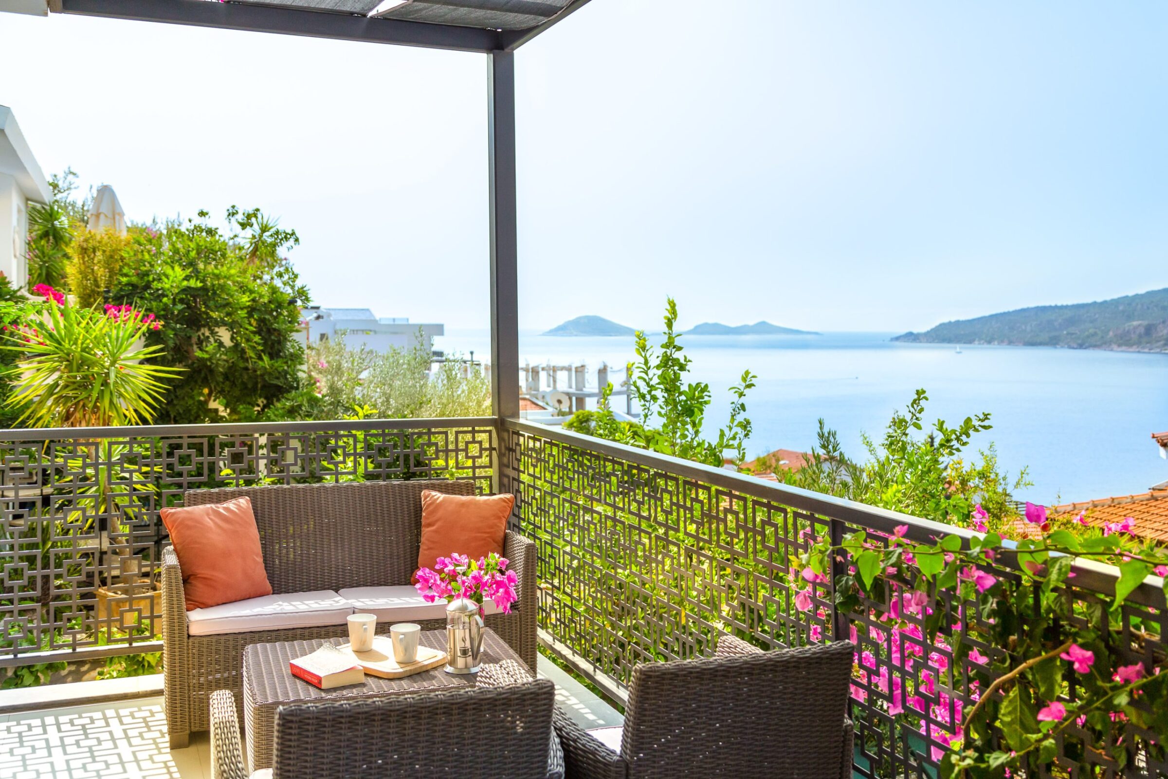 Balcony area of luxurious Villa Nar Evi in Kalkan, Turkey
