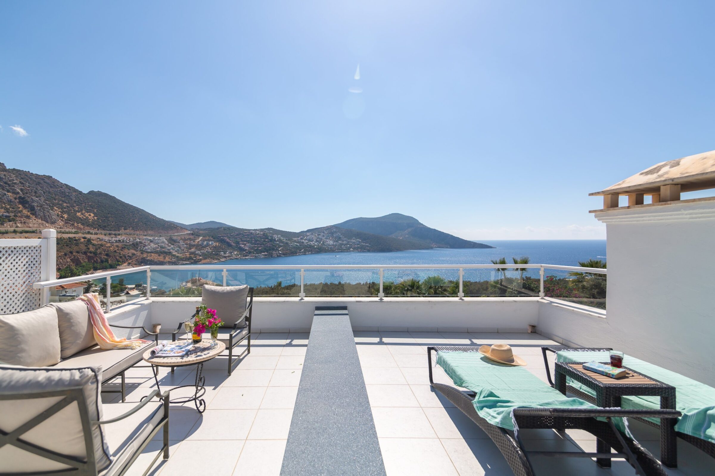 Luxury villa holiday in Turkey at villa Yesil Ev—balcony with sun loungers