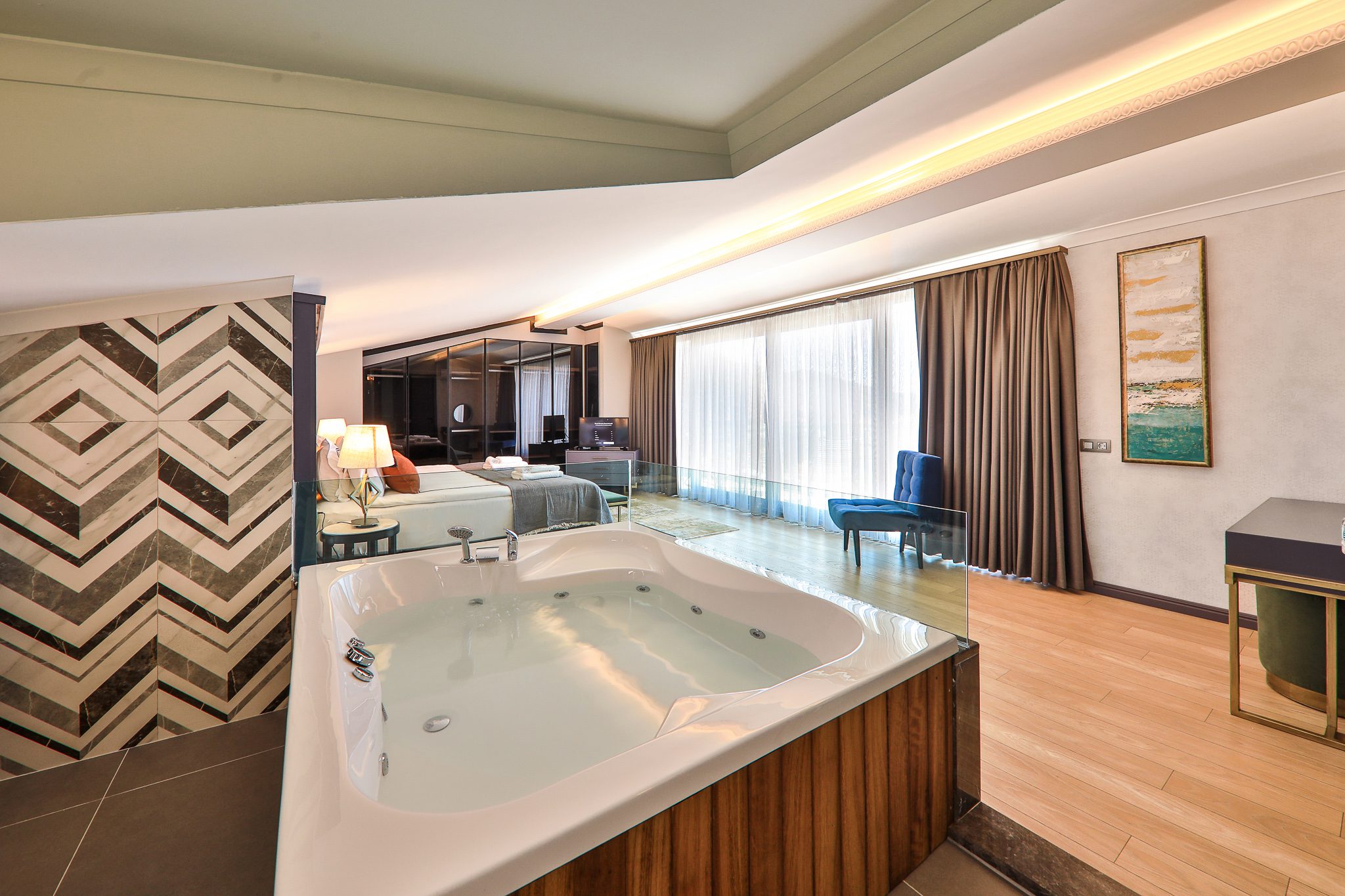 Double bedroom and bathroom in Villa Sandie, villas to rent in Kalkan, Turkey