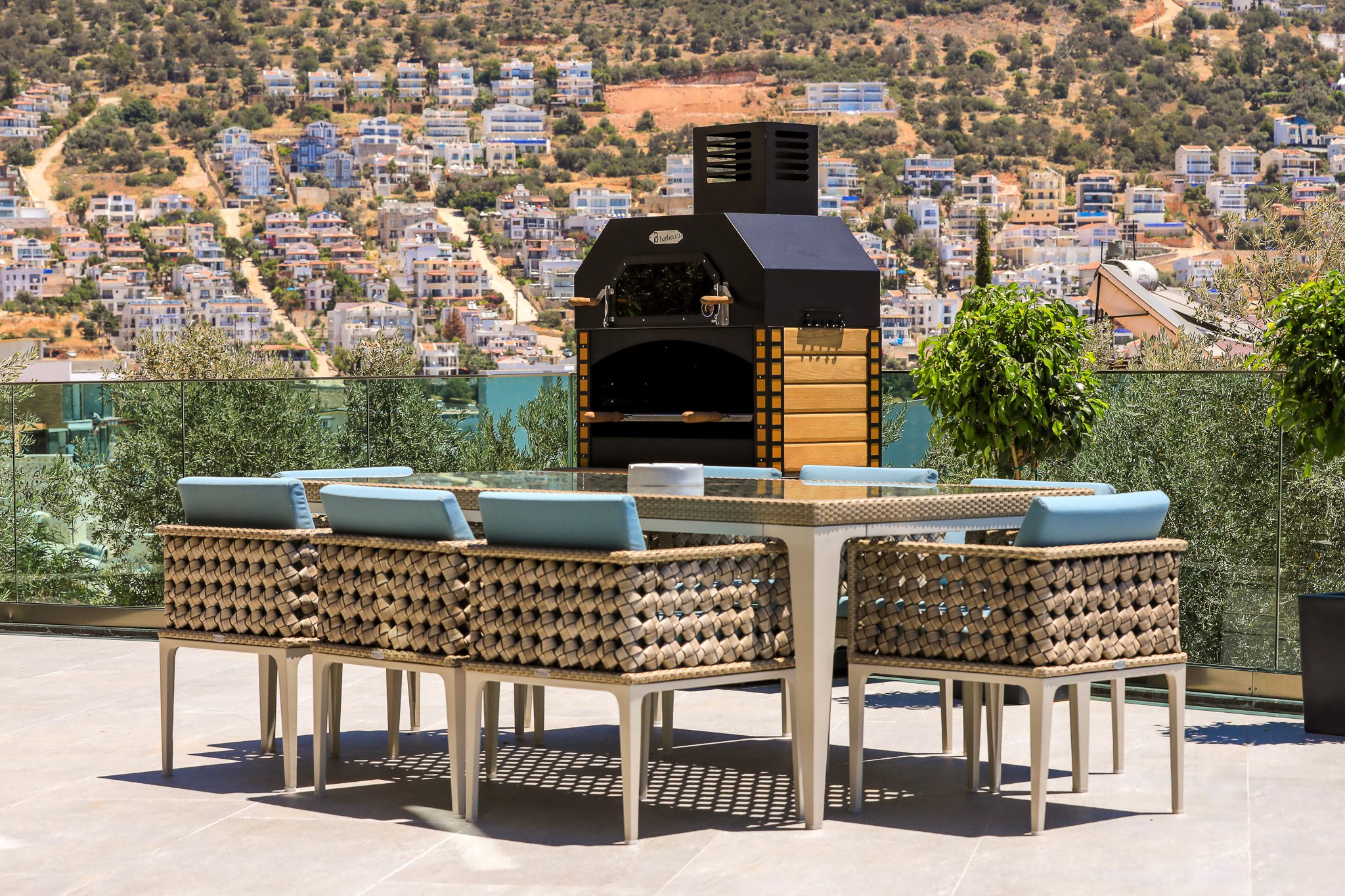 Outdoor seating and BBQ at Villa Sandie, villas to rent in Kalkan, Turkey