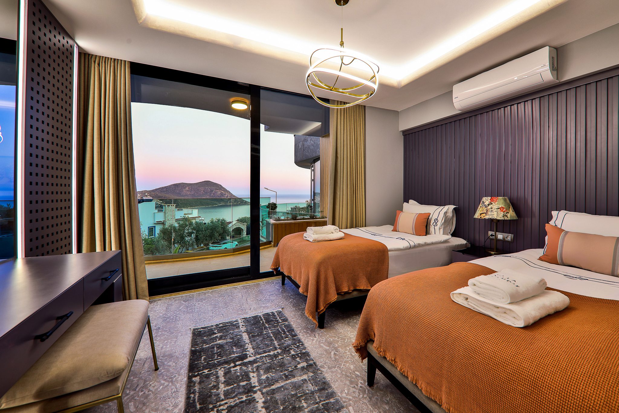 Twin bedroom and balcony in Villa Sandie, villas to rent in Kalkan, Turkey