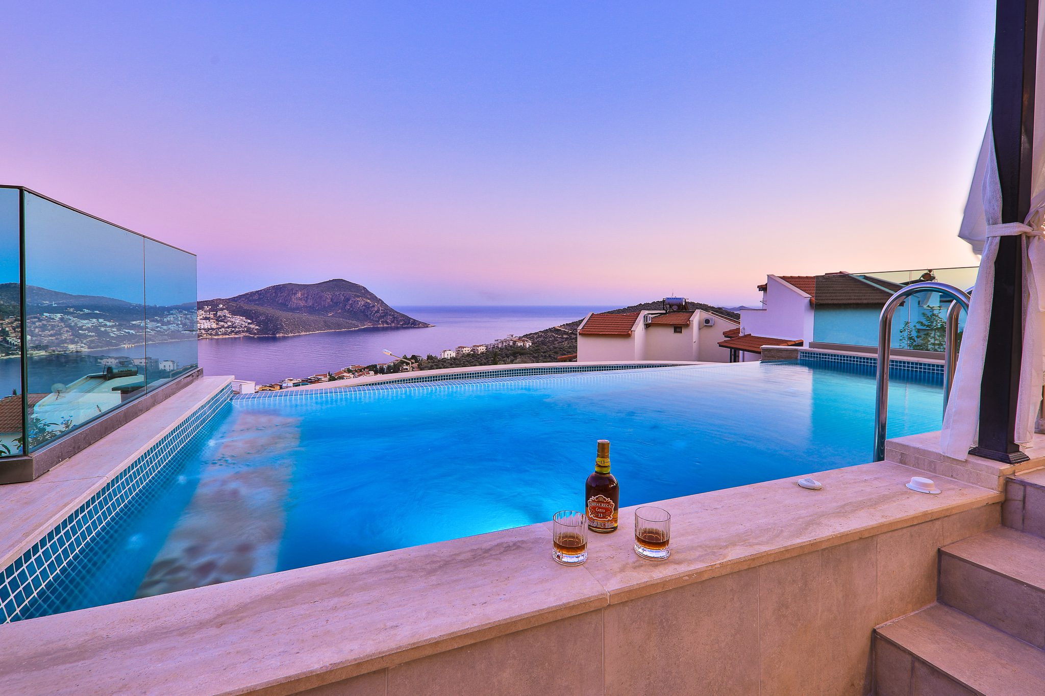 Outdoor pool and view from Villa Sandie, villas to rent in Kalkan, Turkey
