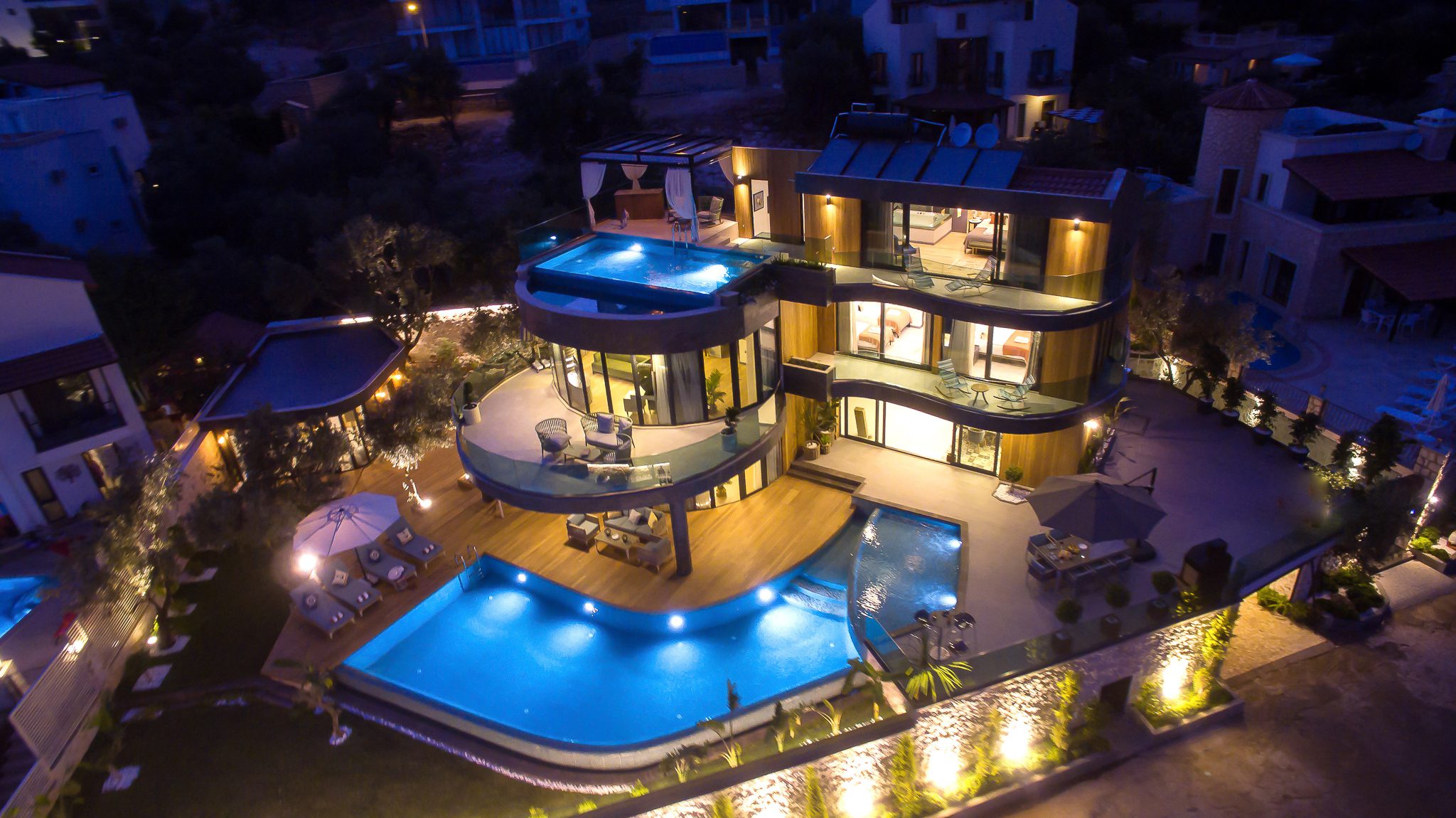 Front view of Villa Sandie at night, villas to rent in Kalkan, Turkey