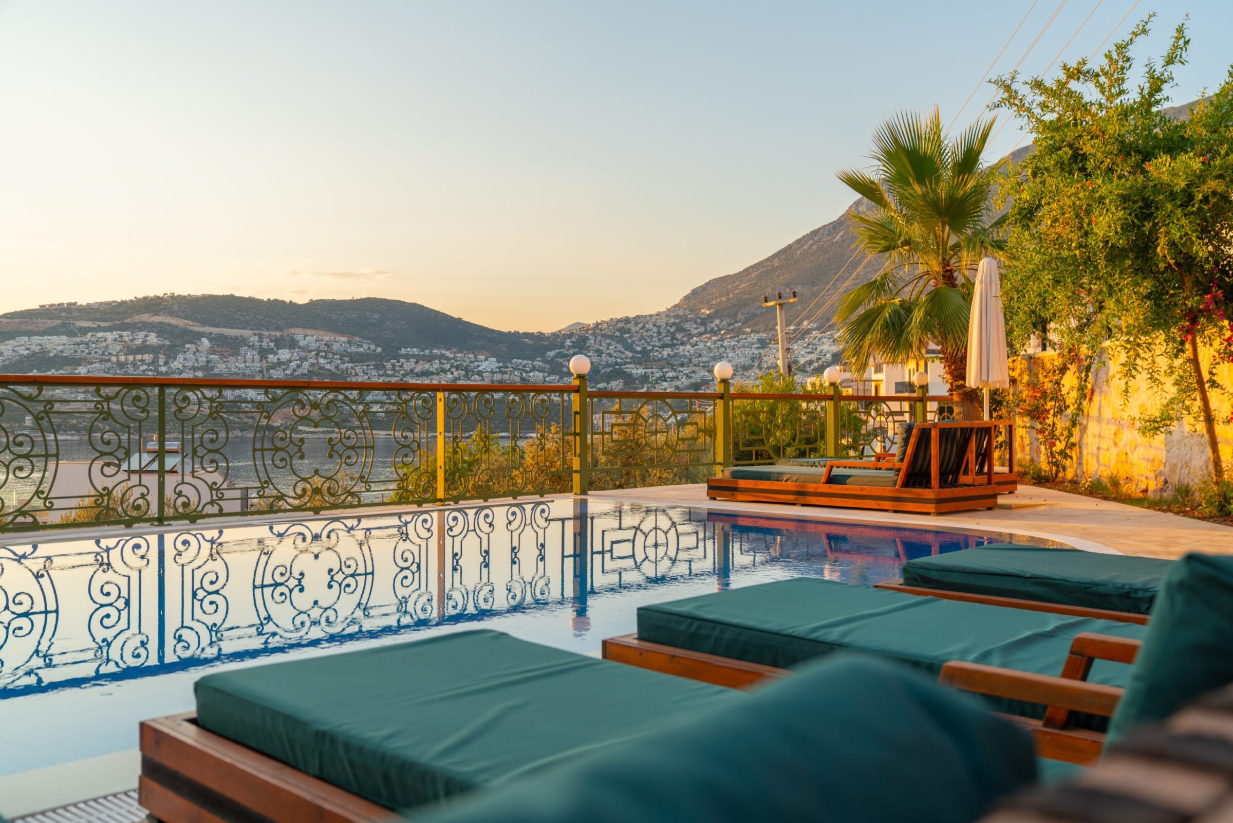 Outdoor pool and sun loungers in Villa Grande, villas to rent in Kalkan, Turkey