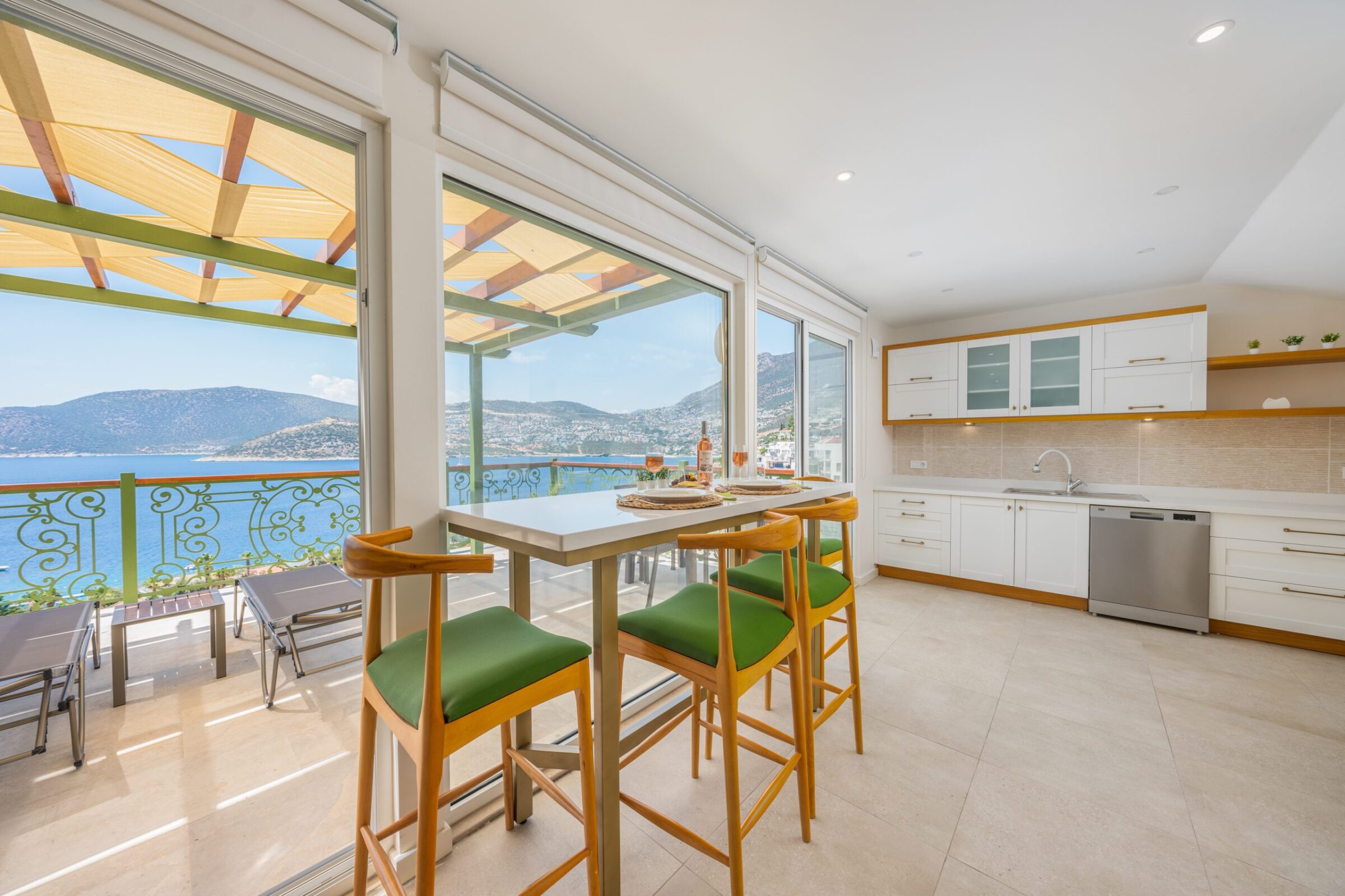 Upstairs kitchen with balcony in Villa Grande, villas to rent in Kalkan, Turkey