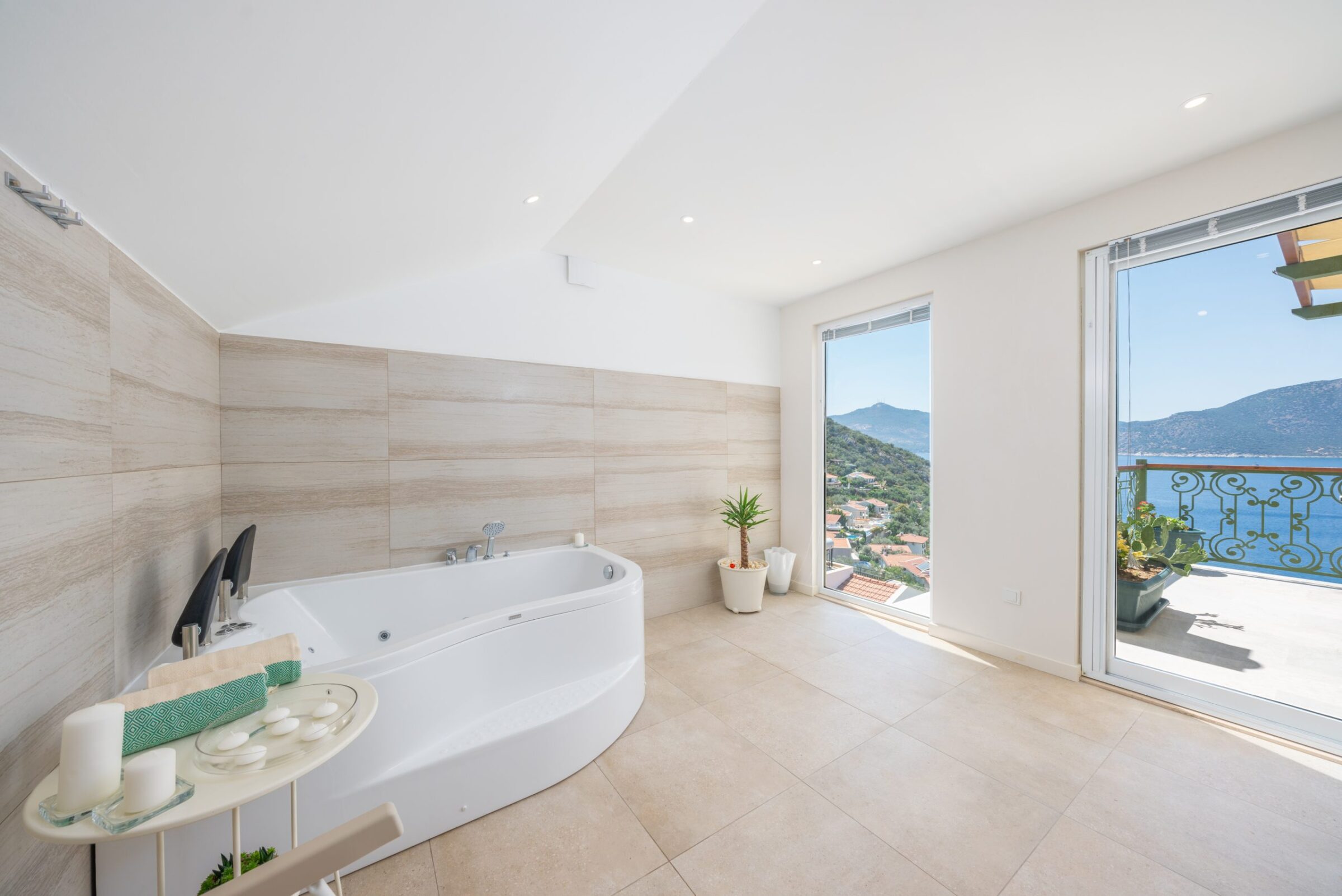 Bathroom and balcony in Villa Grande, villas to rent in Kalkan, Turkey