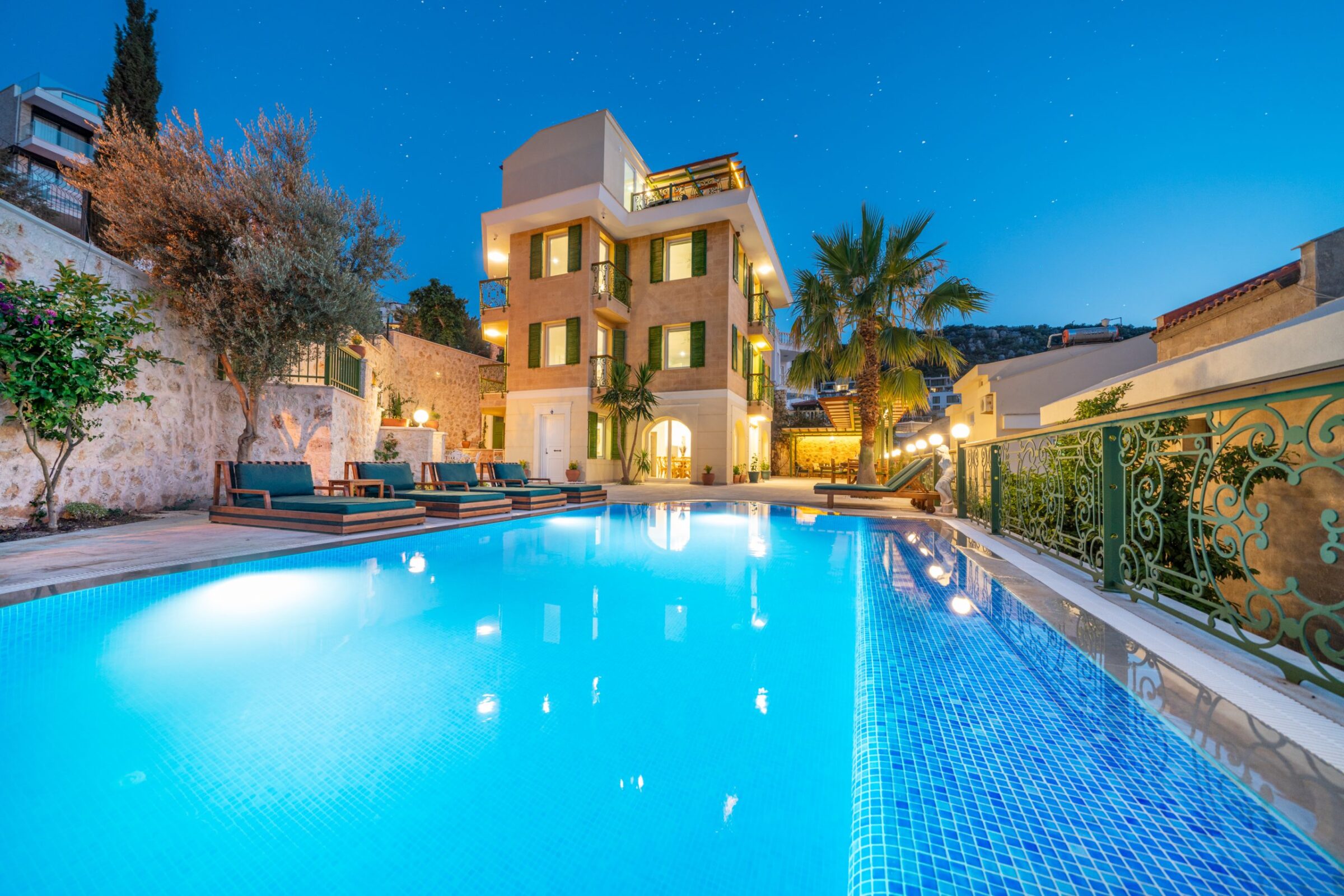 Outdoor pool at night time in Villa Grande, villas to rent in Kalkan, Turkey