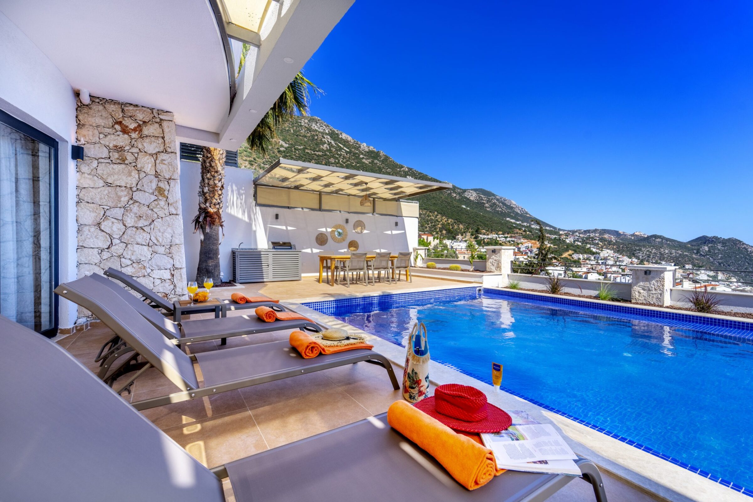 Outdoor pool and sun loungers in Villa Coast, villa to rent in Kalkan, Turkey
