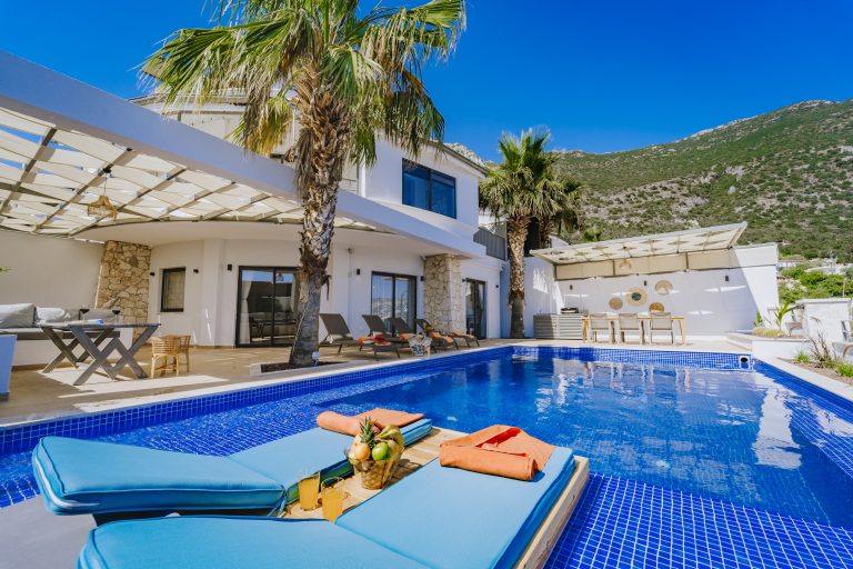Outdoor pool and sun loungers in Villa Coast, villa to rent in Kalkan, Turkey