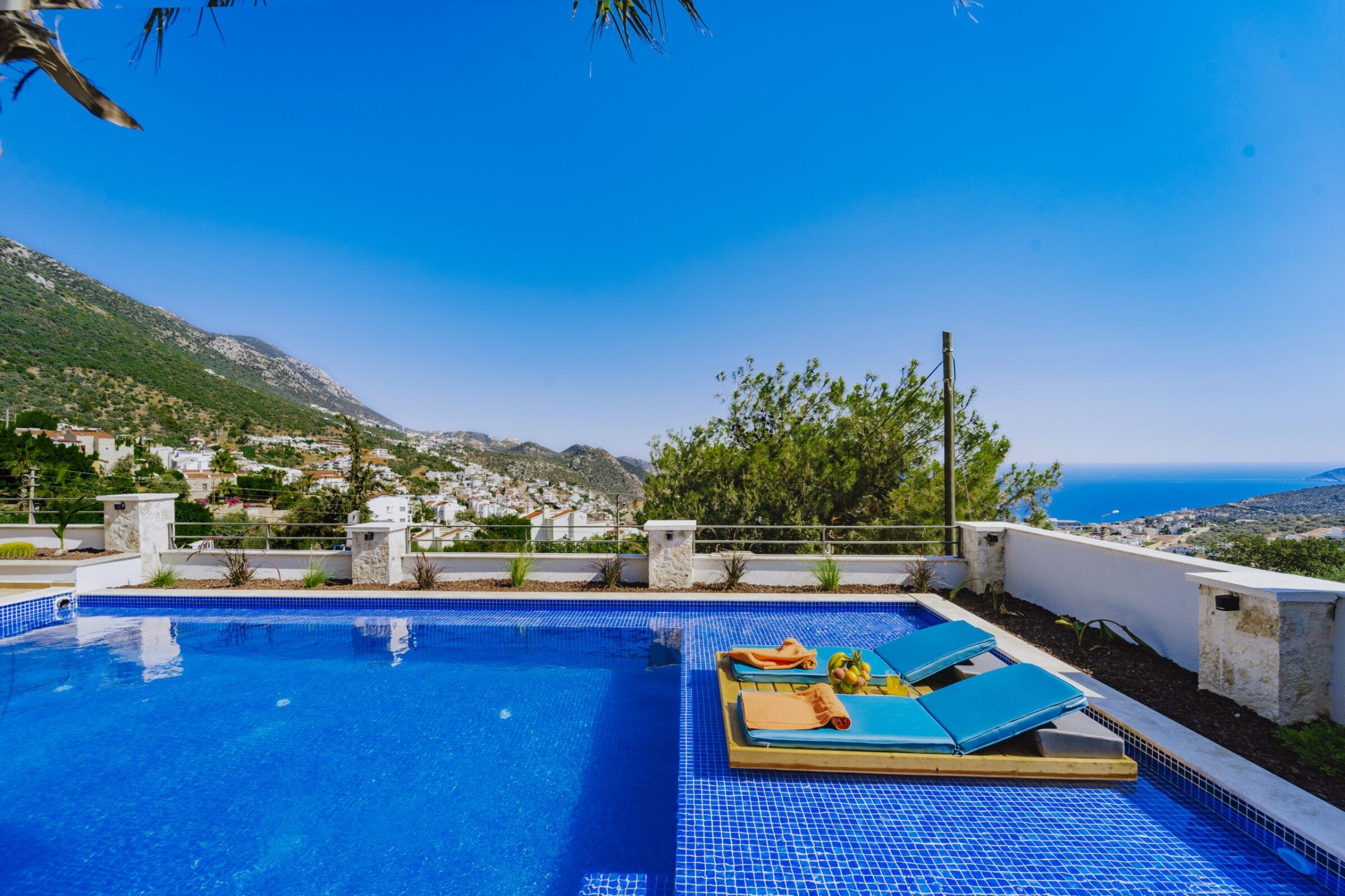 Outdoor pool and sun loungers in Villa Coast, villa to rent in Kalkan, Turkey