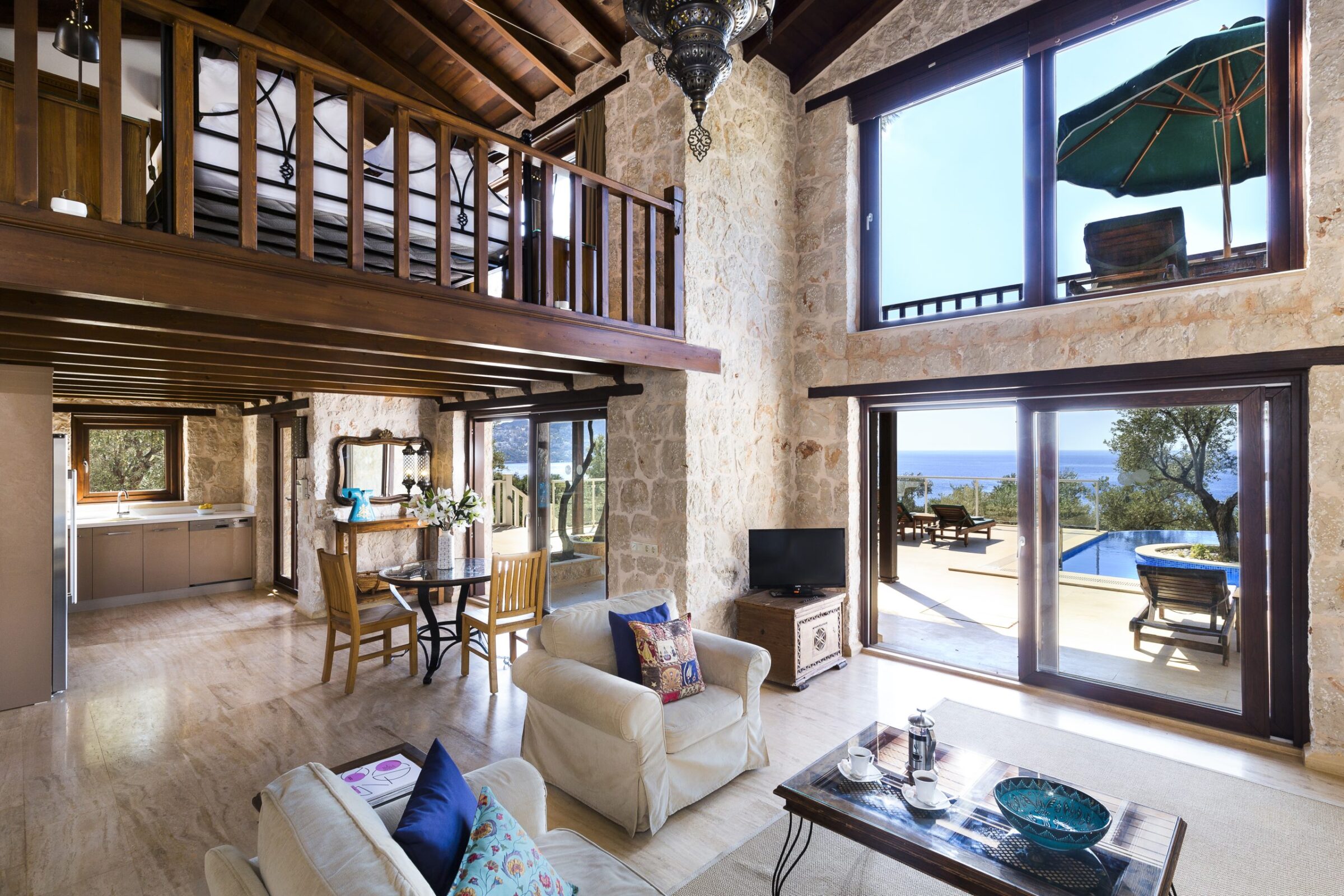 Kitchen and lounge area of Villa Tas Bahce Luxury villa in Kalkan, Turkey