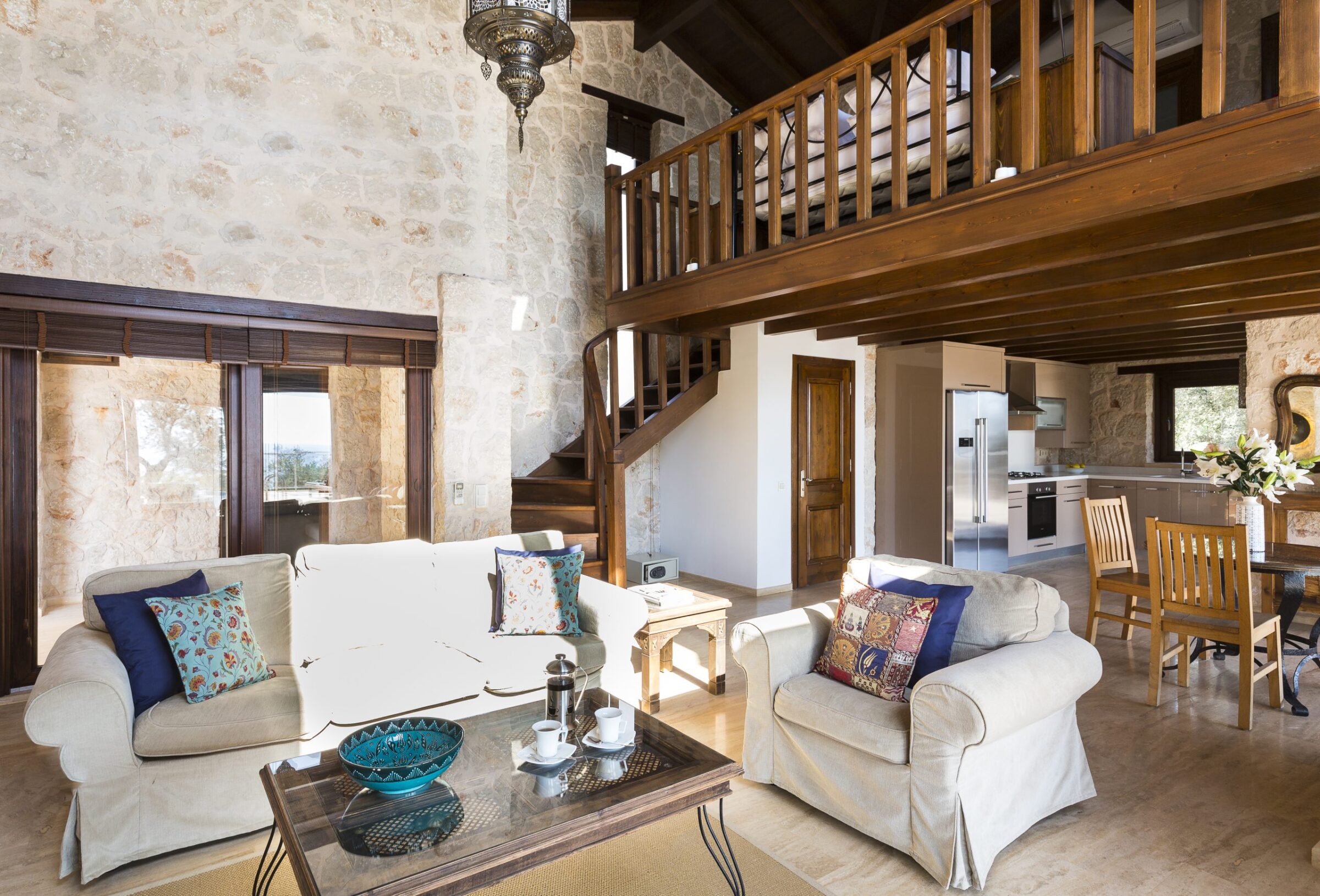 stairway and lounge area of Villa Tas Bahce Luxury villa in Kalkan, Turkey