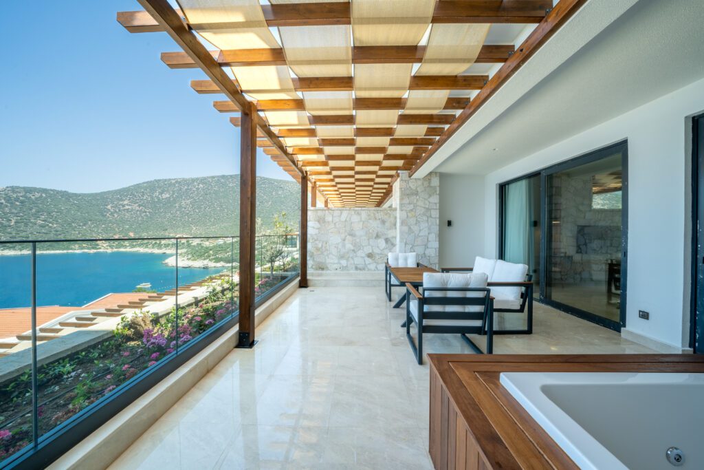 Balcony with hot tub in Lures Hotel Deluxe Oda, holidays in Kalkan, Turkey