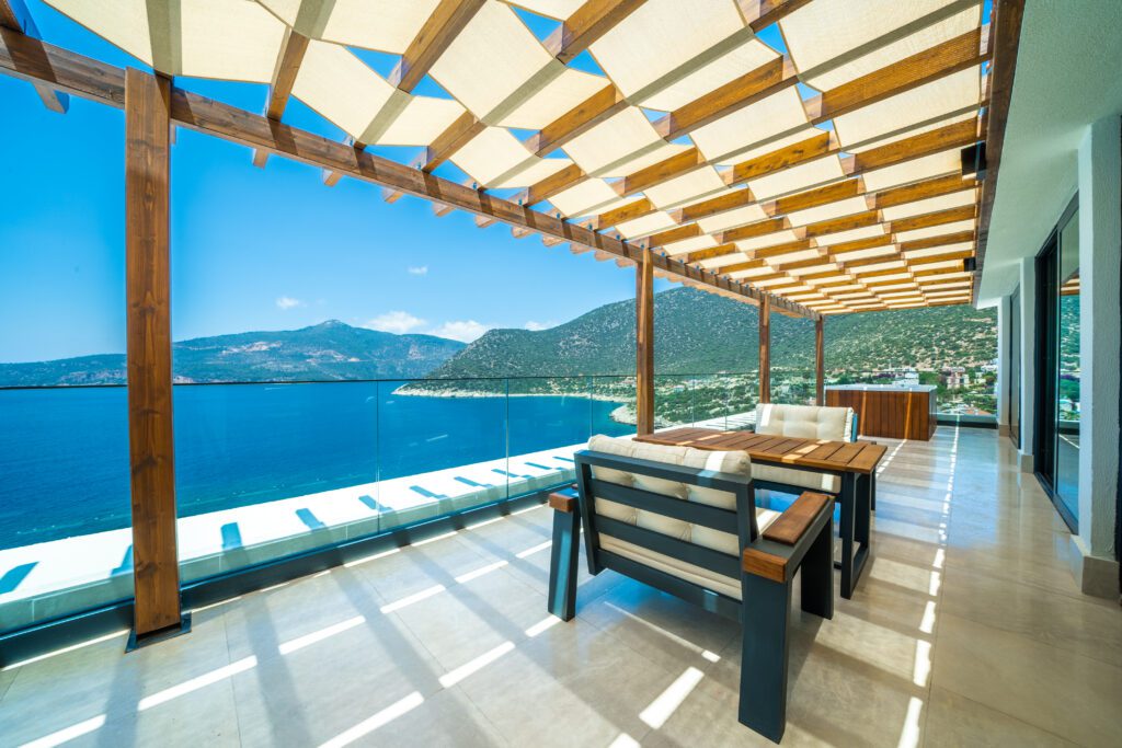 Large balcony with hot tub in Lures Hotel Penthouse Room, holidays in Kalkan, Turkey