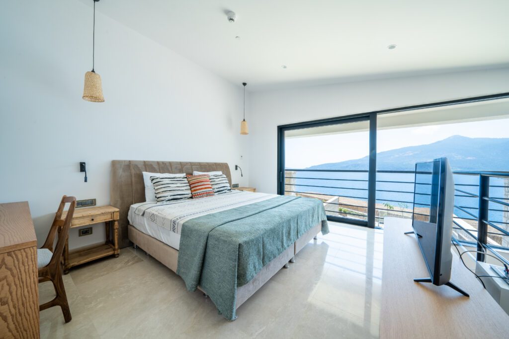 Double bedroom with the view from Lures Hotel Villa Room, holidays in Kalkan, Turkey