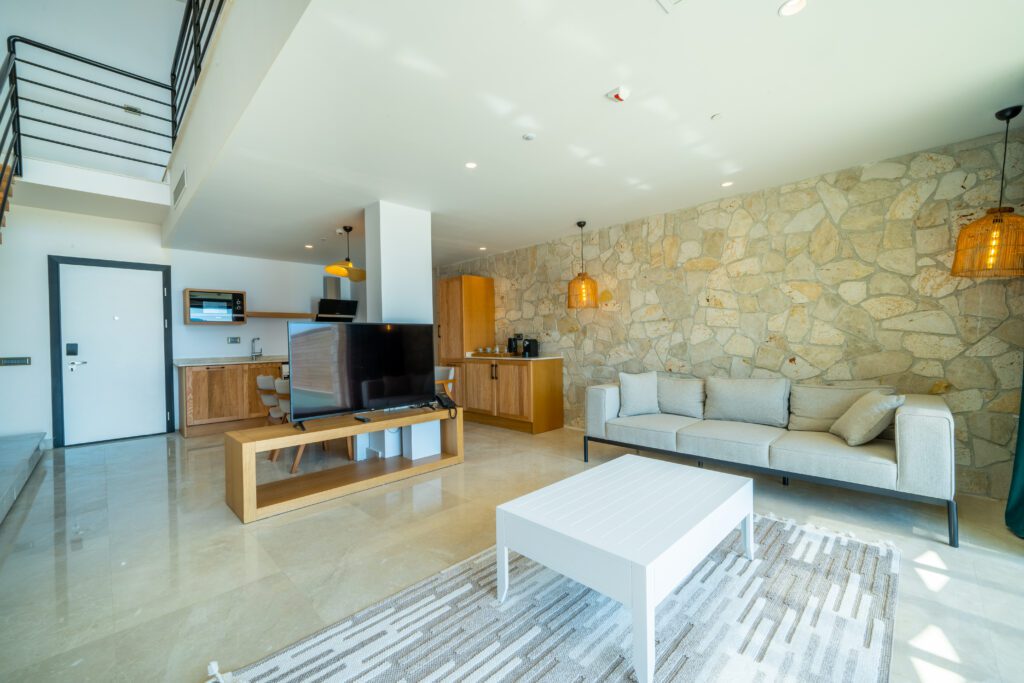 Lounge and kitchen in Lures Hotel Villa Room, holidays in Kalkan, Turkey